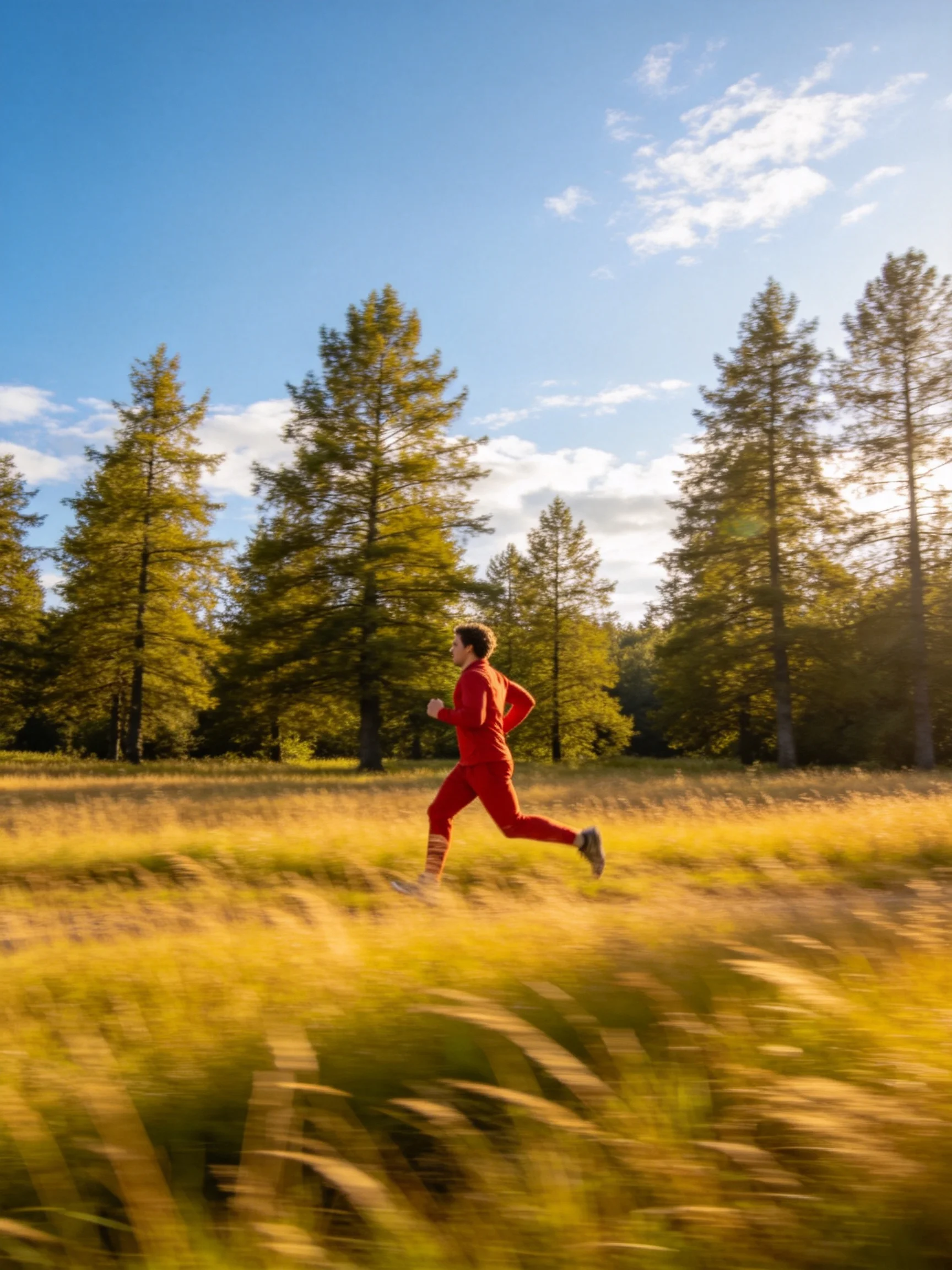 Man in red runs through golden field near tall pine trees