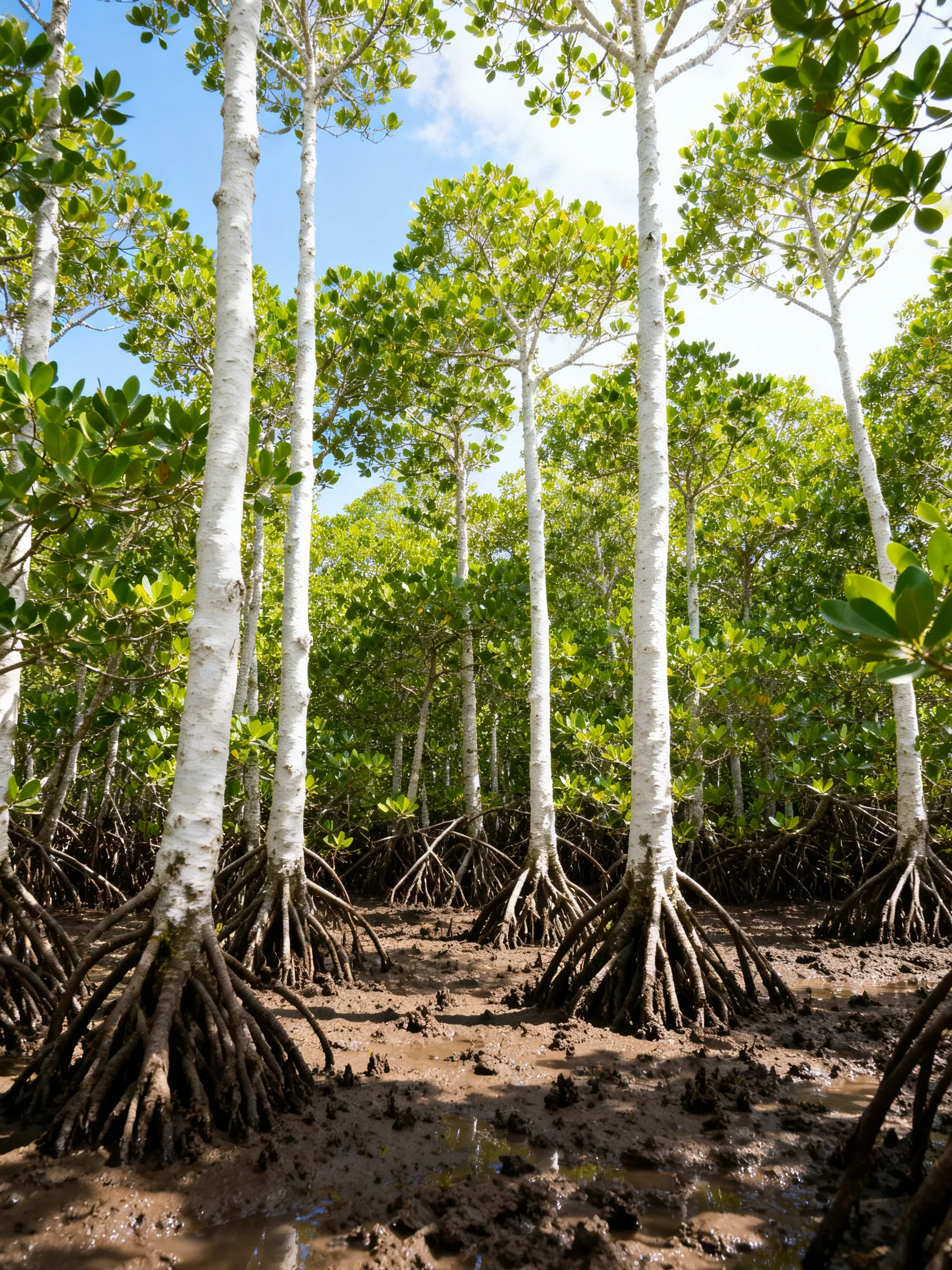 Tall mangrove trees with white bark grow in a muddy coastal environment.