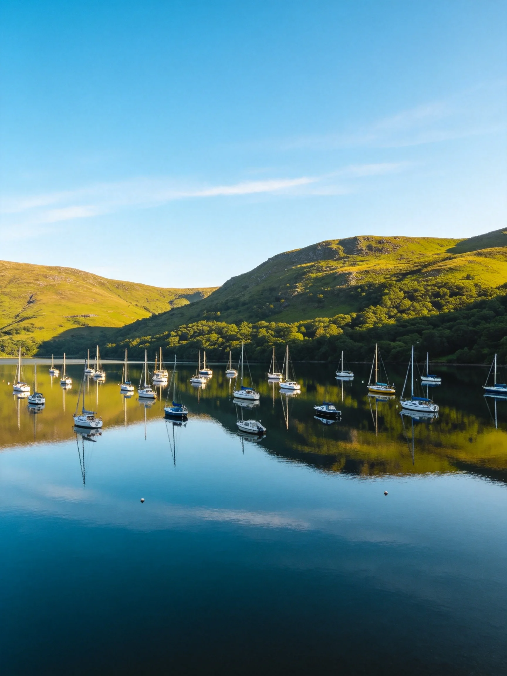 Many sailboats float on serene waternear green rolling hills