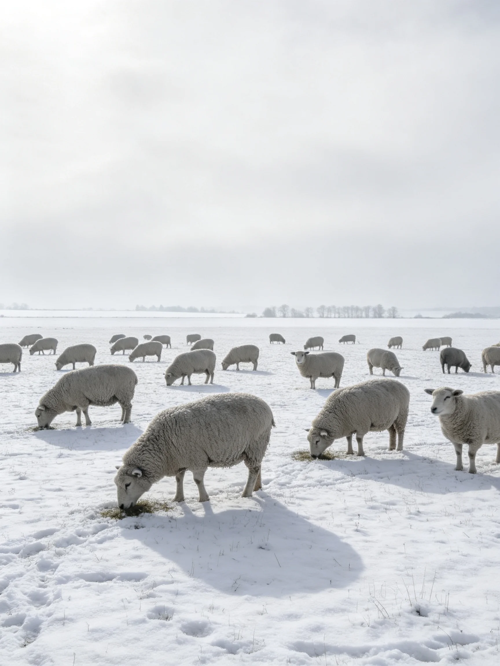 Many sheep graze in a bright white snow - filled field