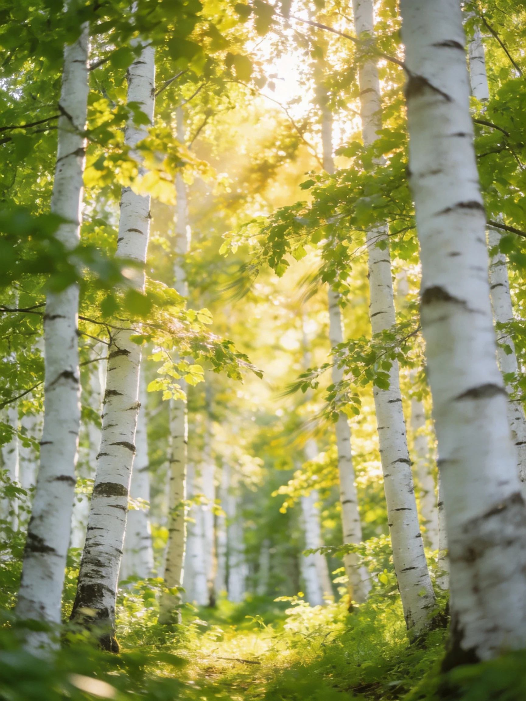 Many tall white birch trees in a sunlit green forest