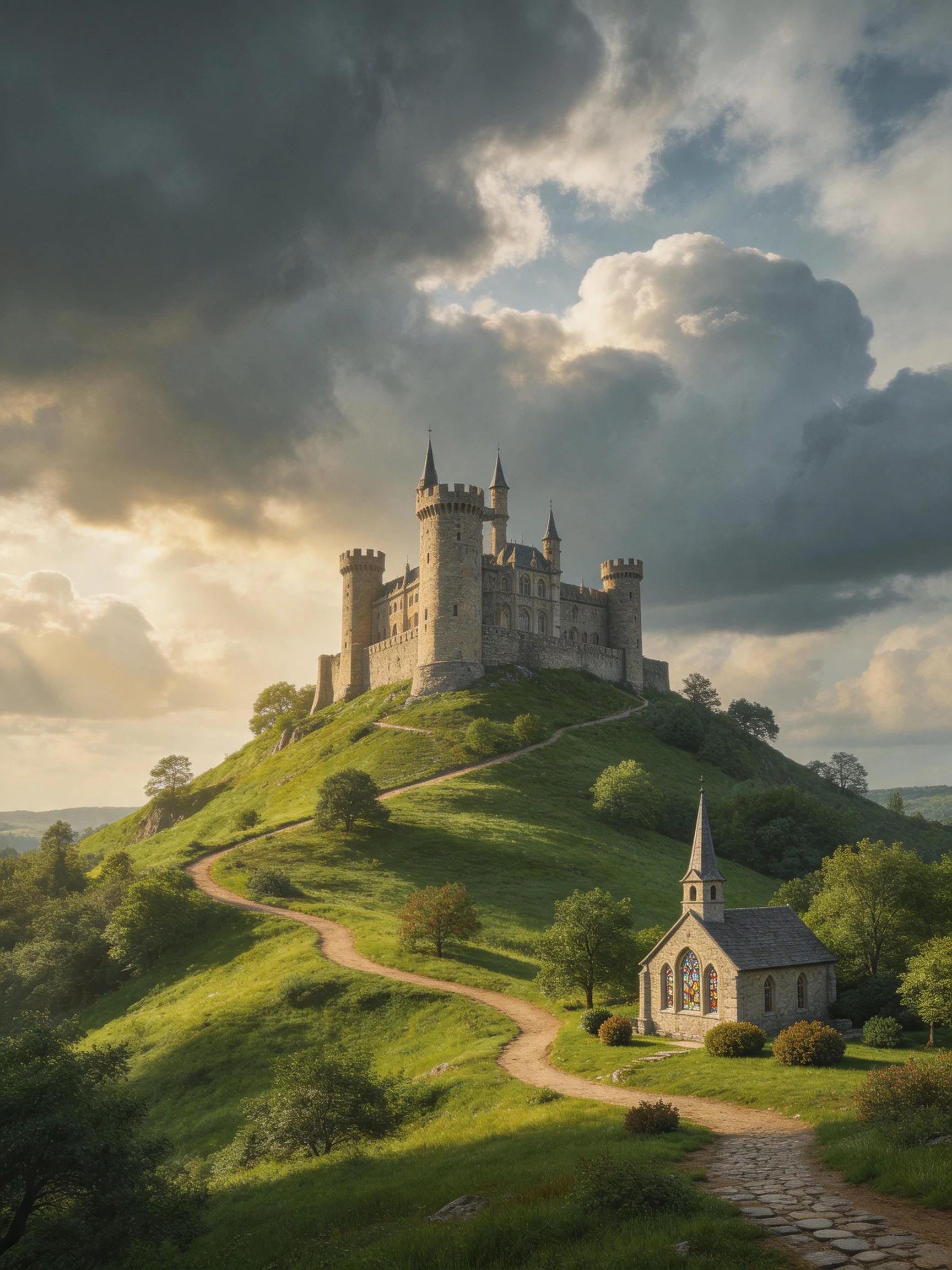 Medieval Castle on Verdant Hillside Near Stone Chapel