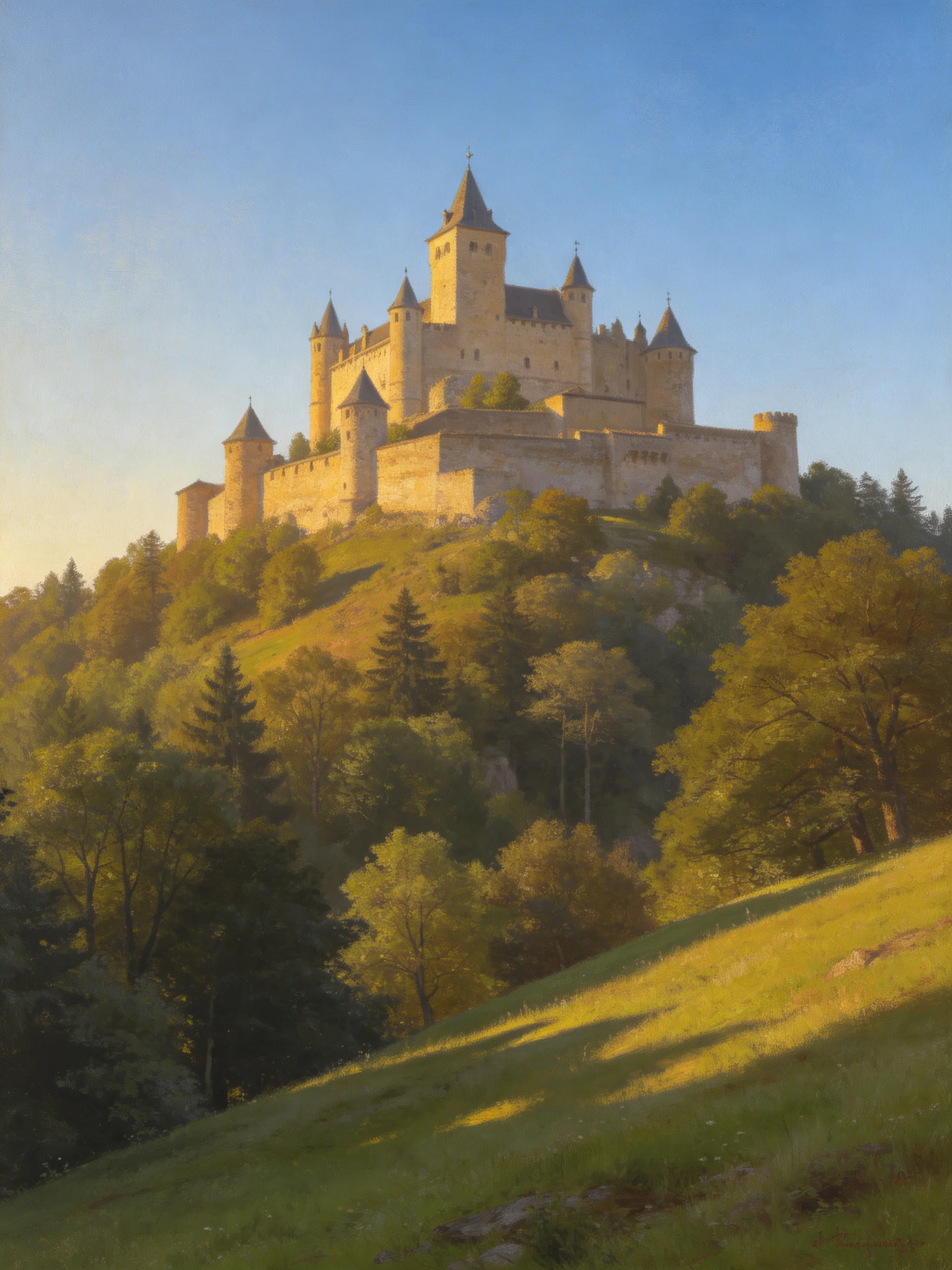 Medieval castle atop a forested hillside under golden sunlight