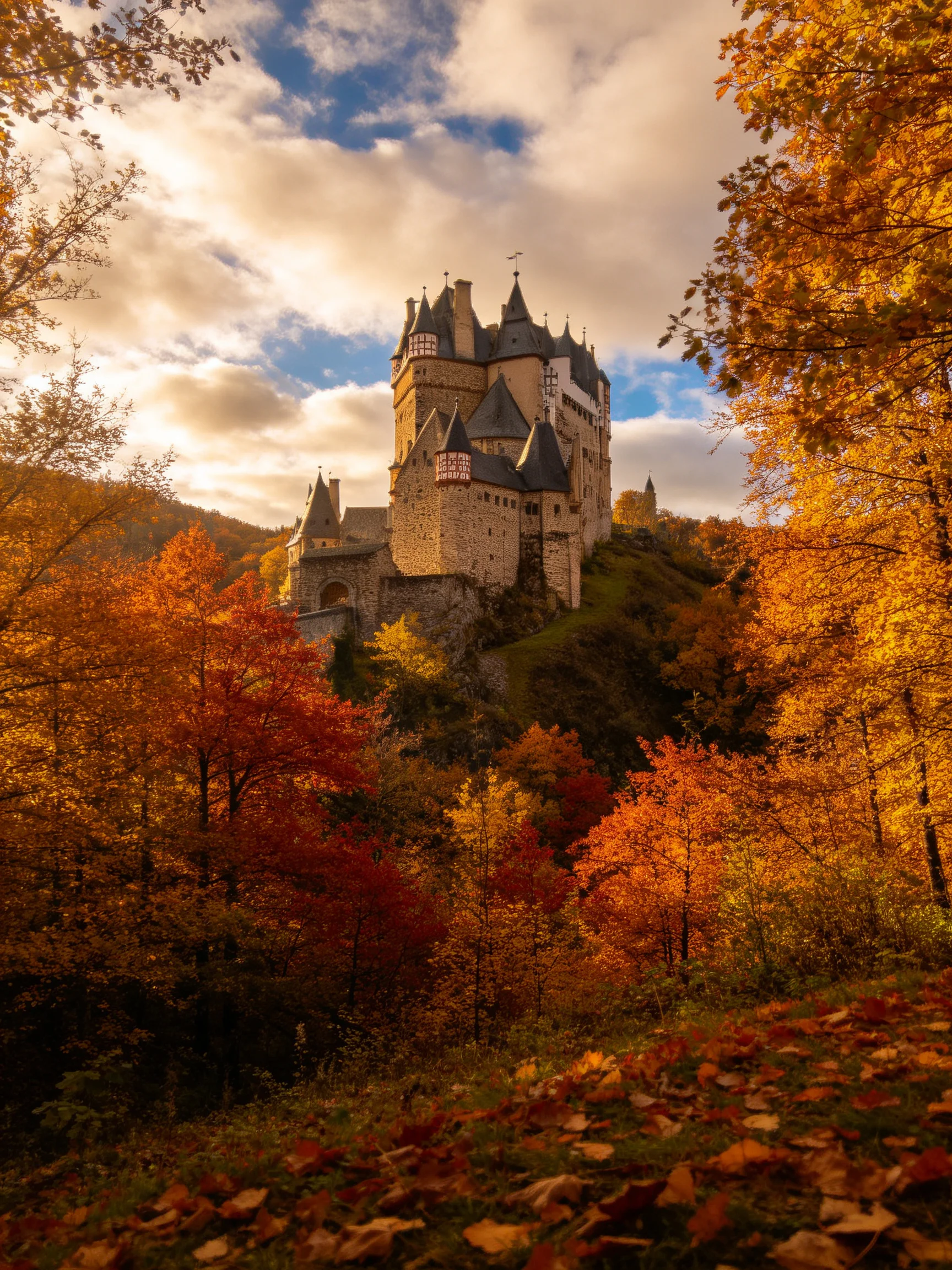 Medieval castle atop hill with vibrant fall foliage