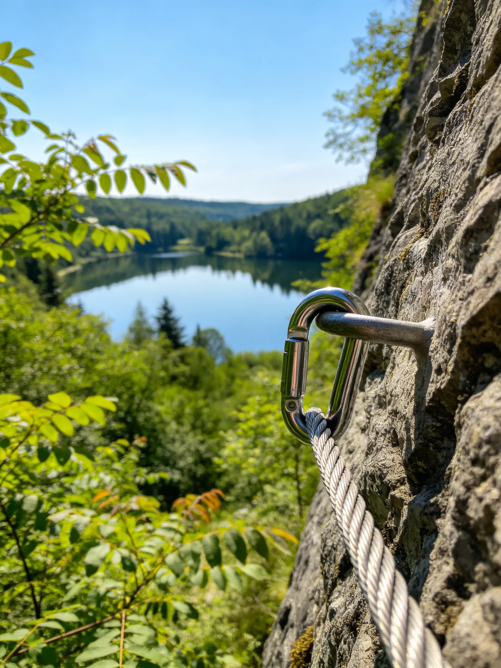 Metal carabiner secures rope on rocky cliff overlooking serene lake