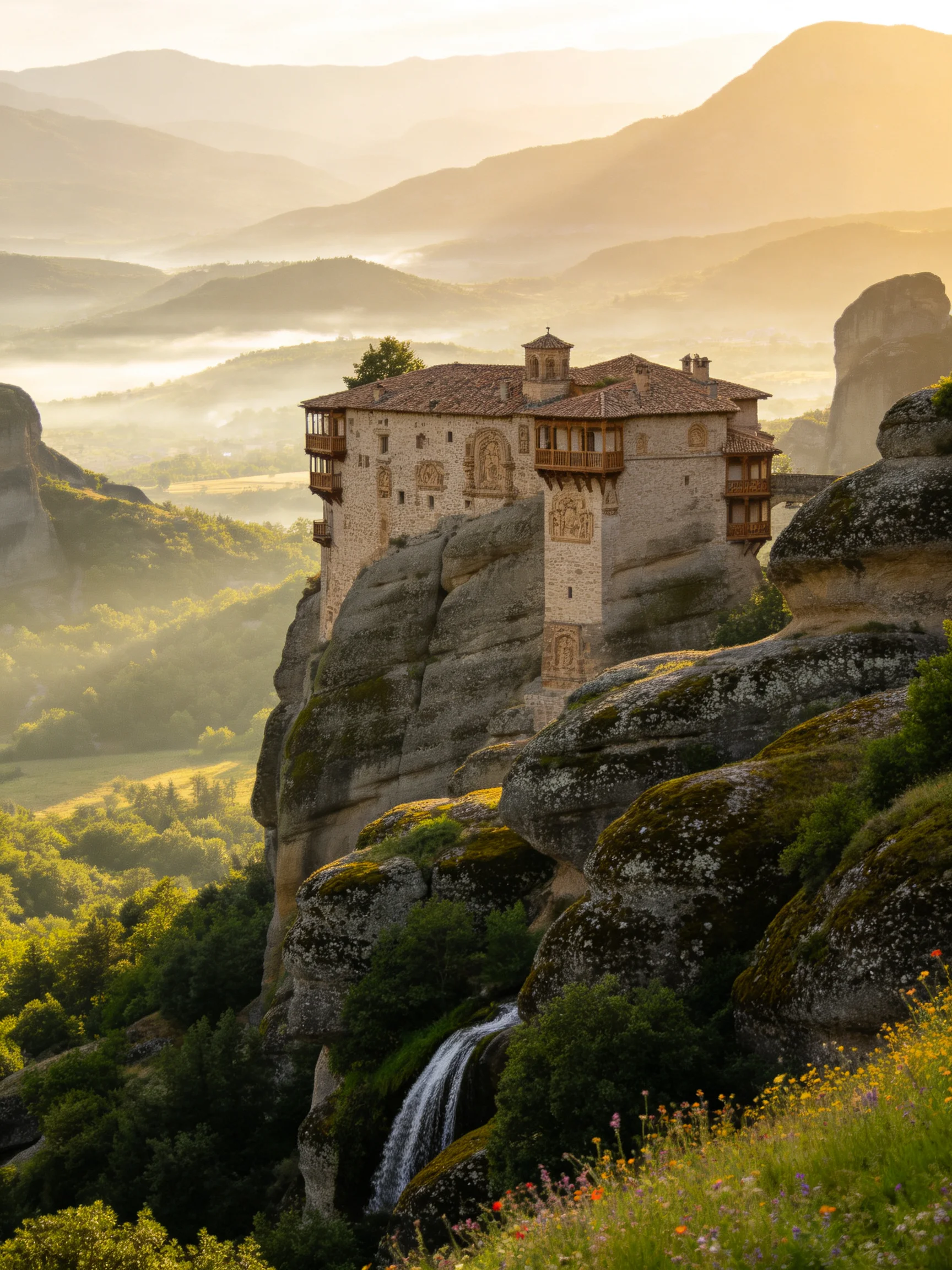 Meteora Monastery atop giant rock cliffs in golden morning light