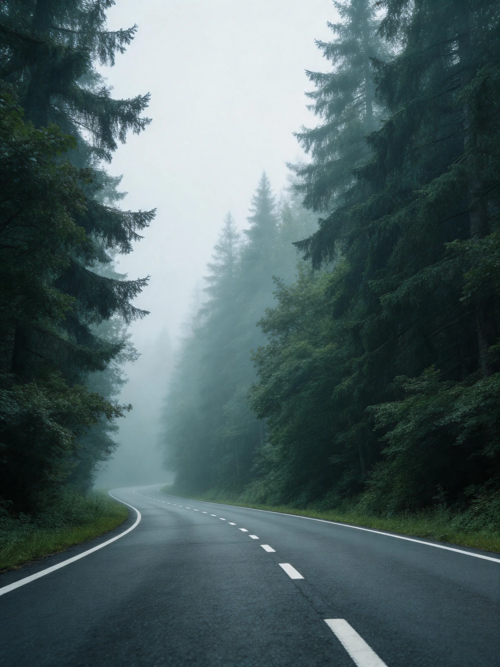 Mist-shrouded forest road winds between tall evergreen trees