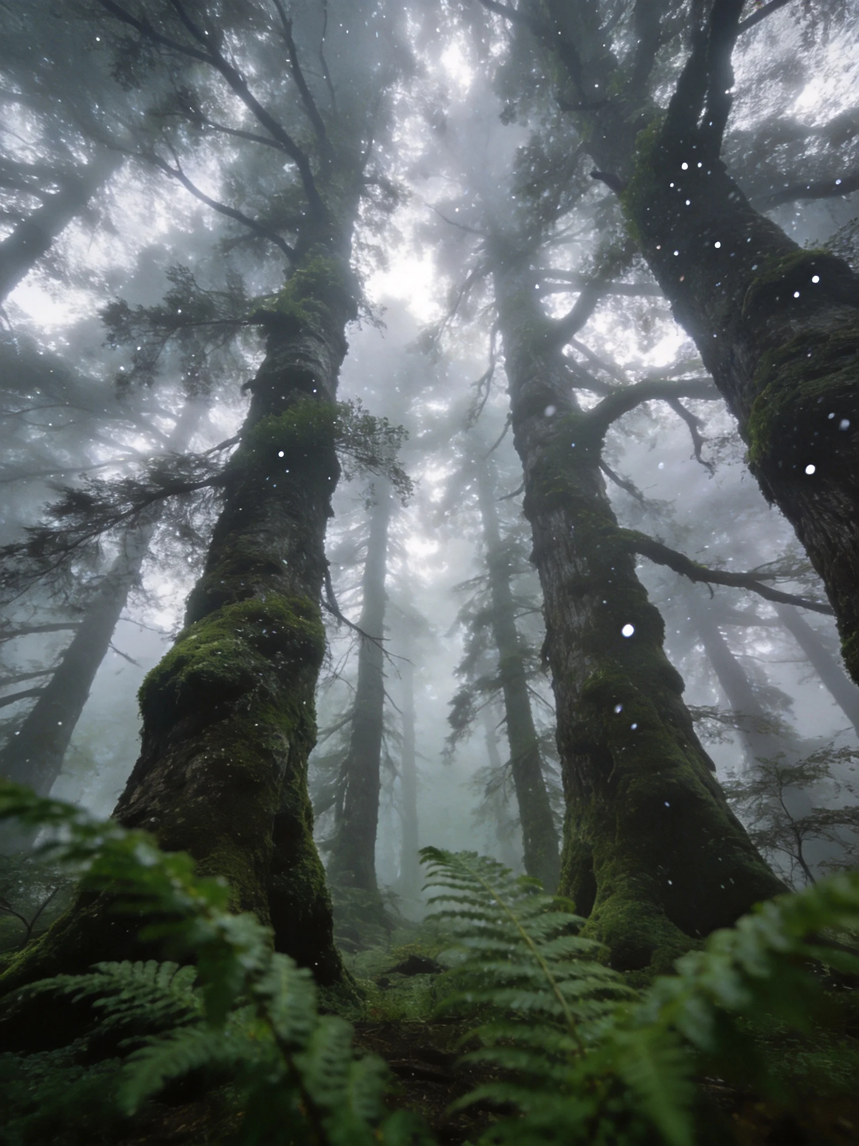 Misty Ancient Forest With Moss-Covered Giants and Ferns