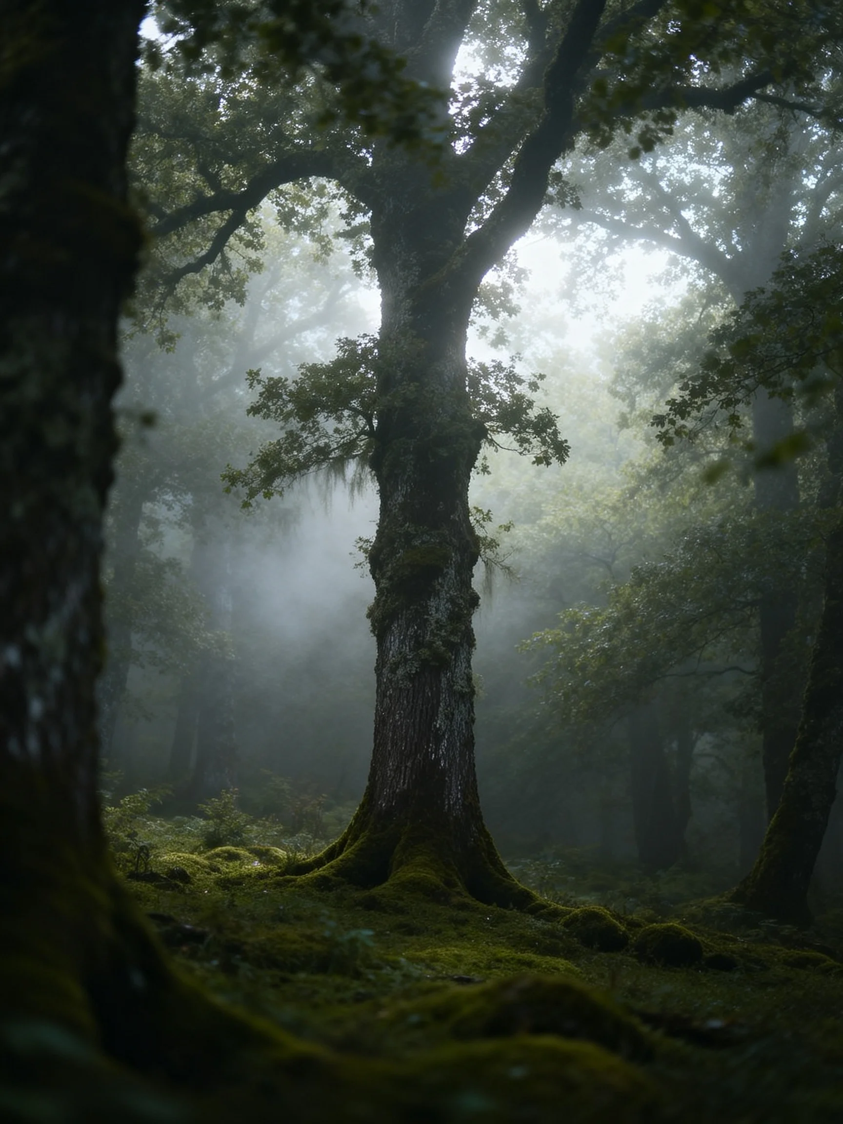Misty Ancient Forest with Large Moss-Covered Trees and Dense Foliage