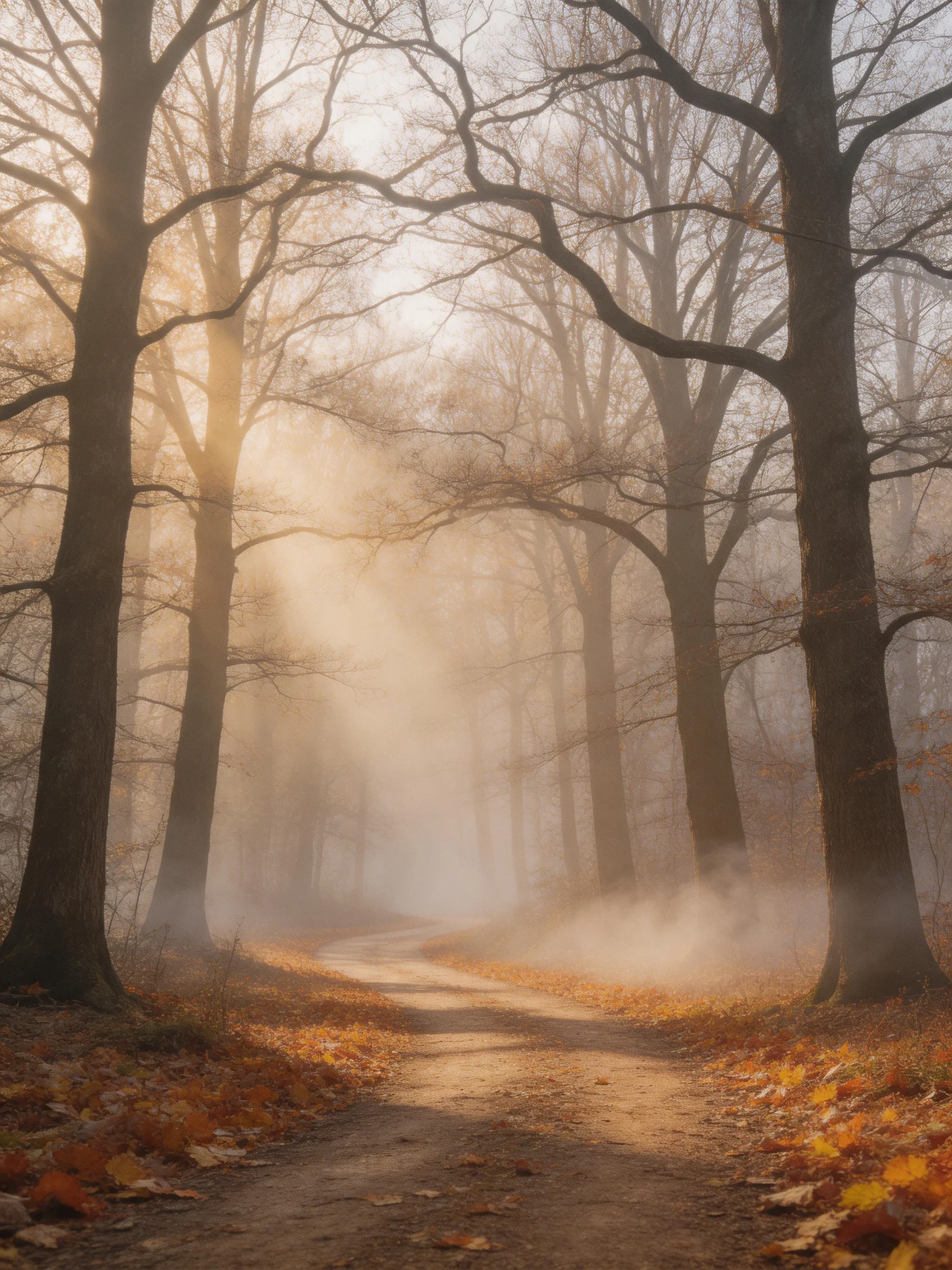 Misty Autumn Forest Path With Tall Trees and Golden Leaves