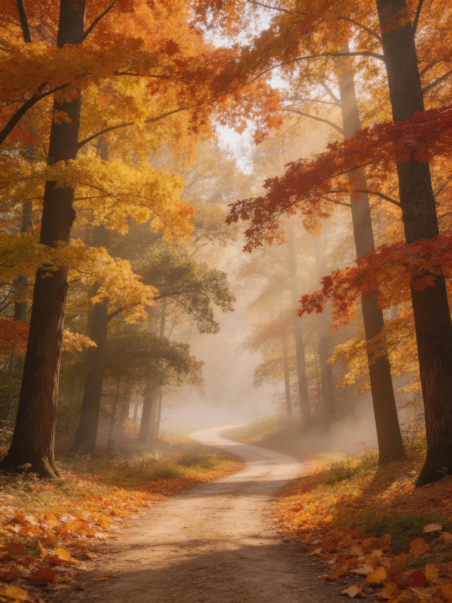 Misty Autumn Forest Path with Golden and Crimson Foliage