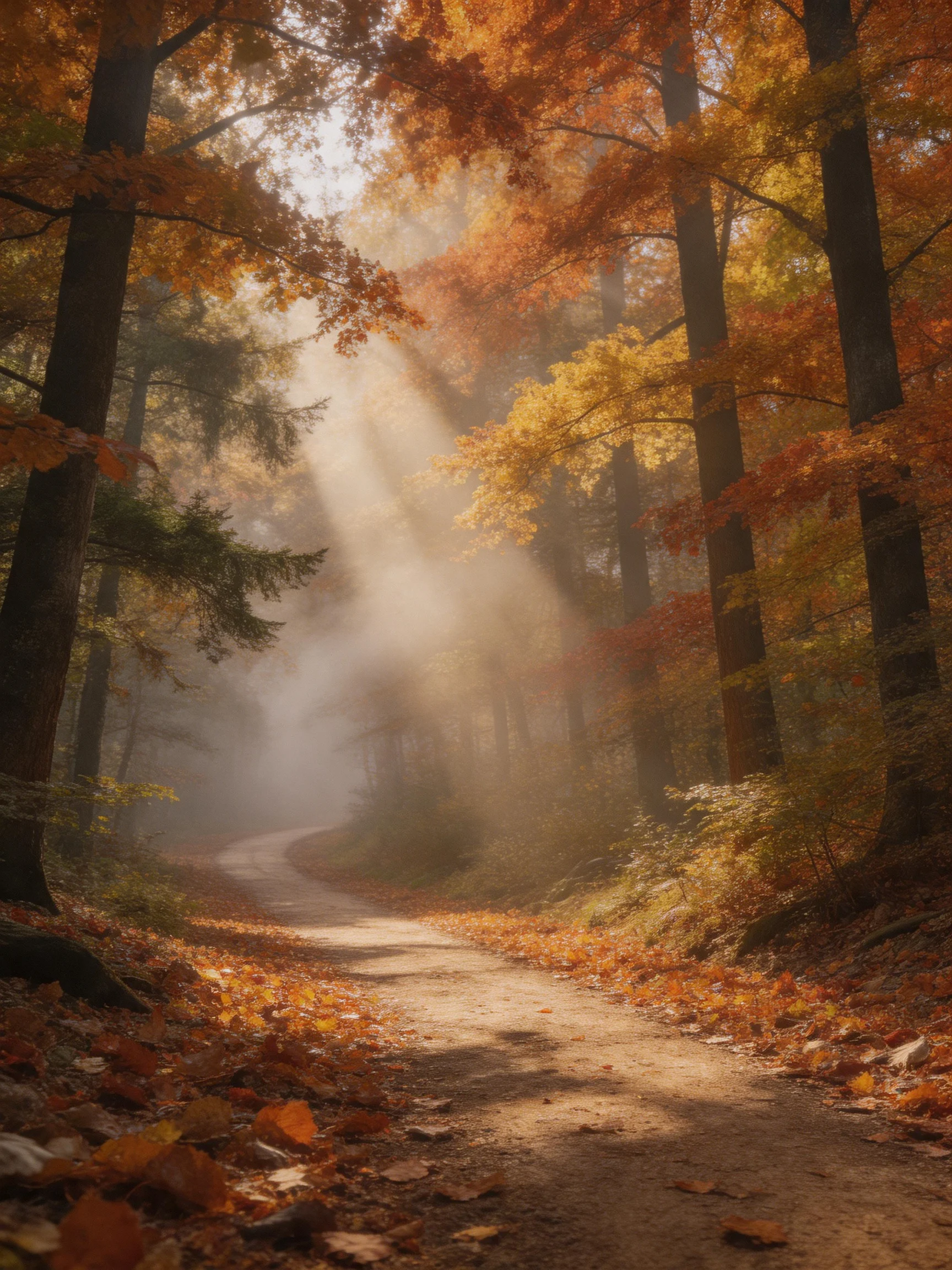 Misty Autumn Forest Path with Golden and Orange Foliage