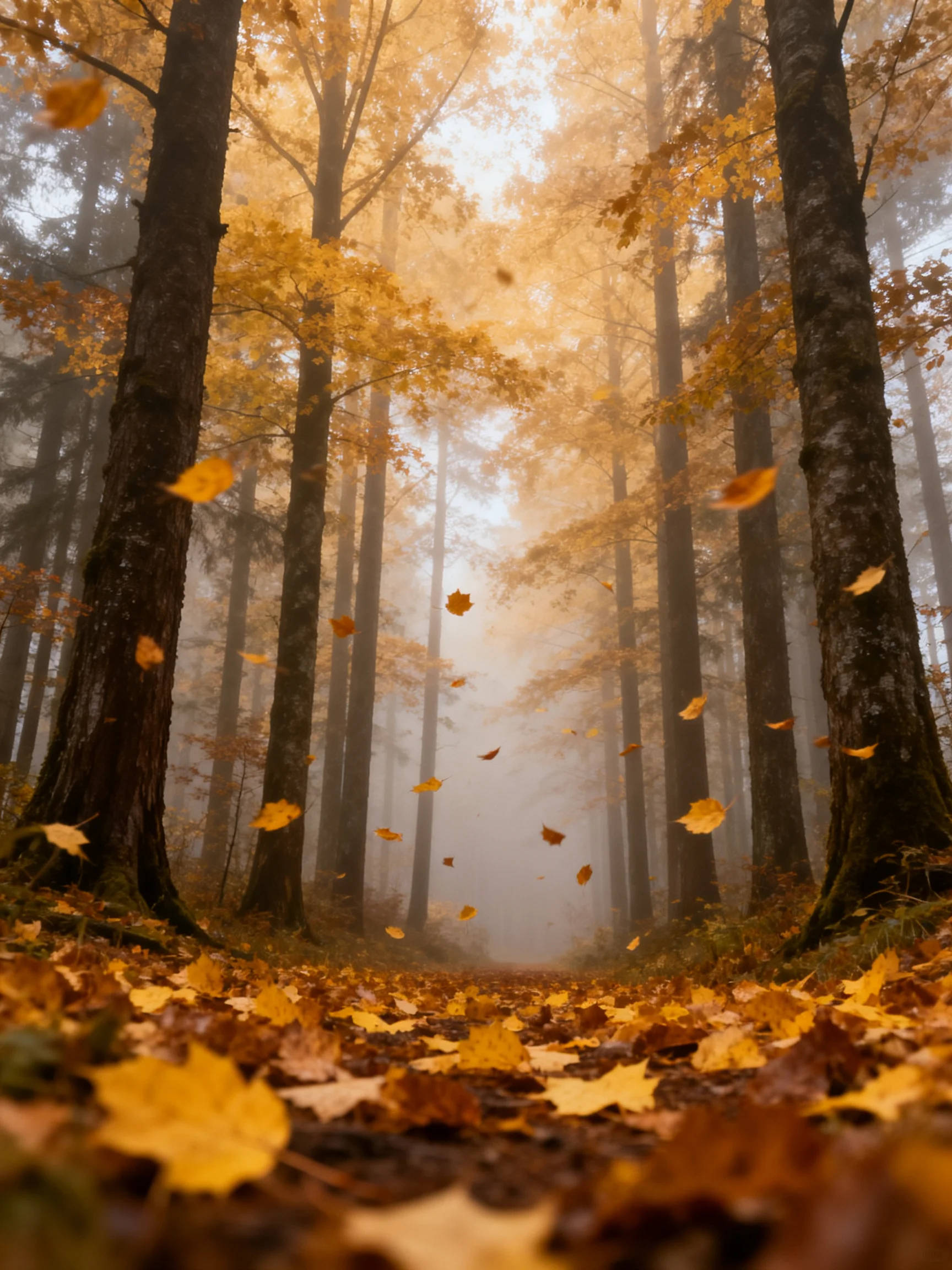 Misty Autumn Forest With Golden Leaves Falling From Tall Trees