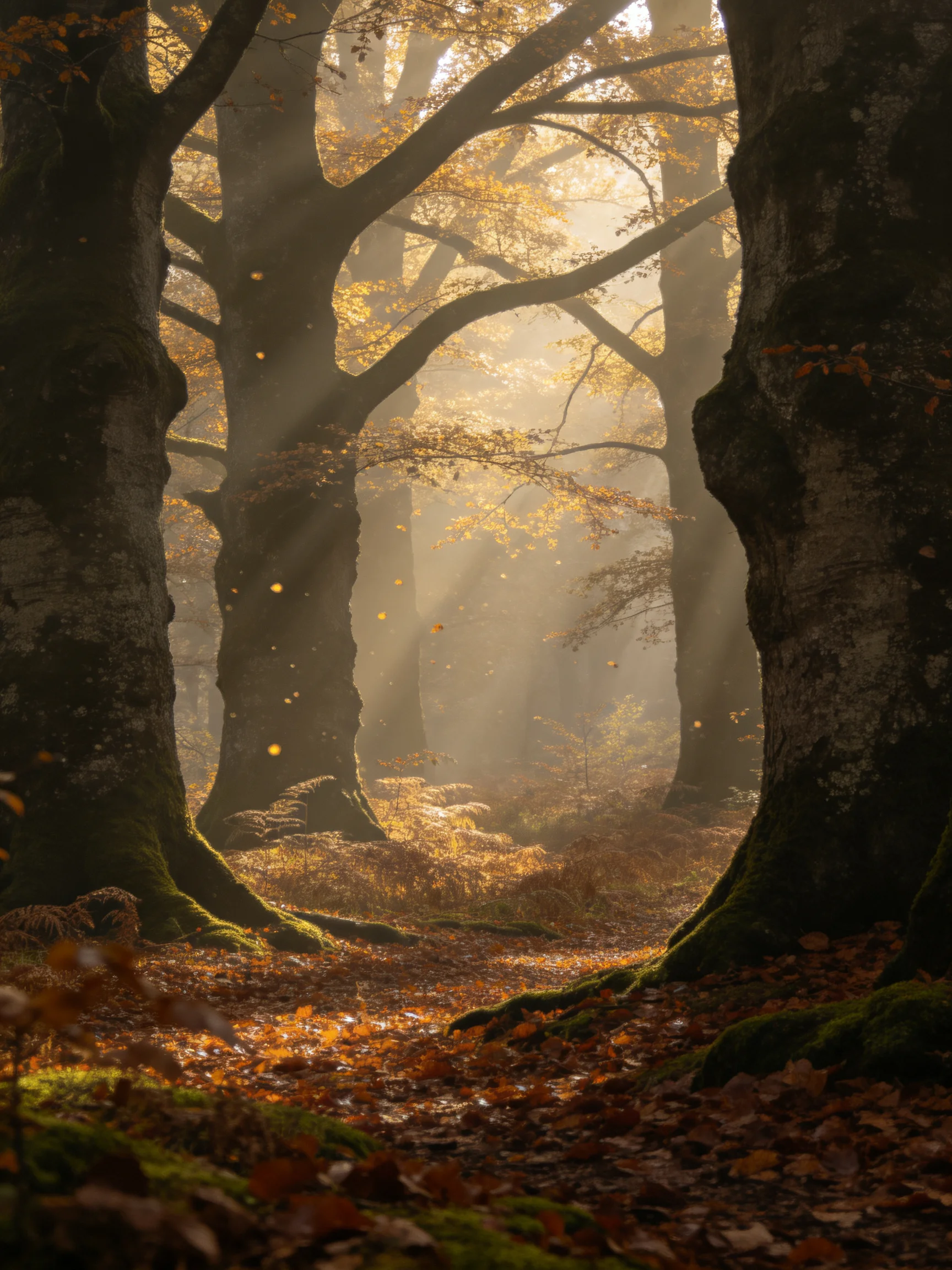 Misty Autumn Forest with Ancient Trees and Golden Foliage