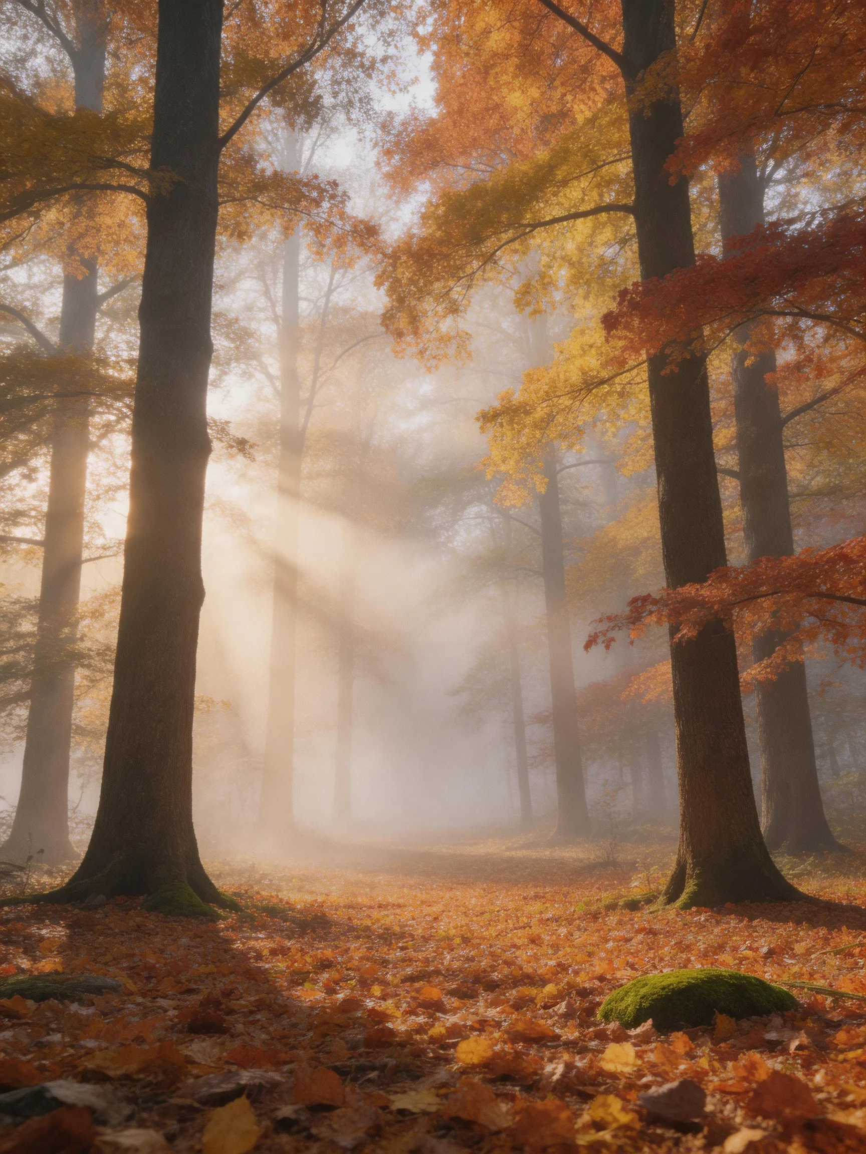 Misty Autumn Forest with Golden Foliage and Sunbeams
