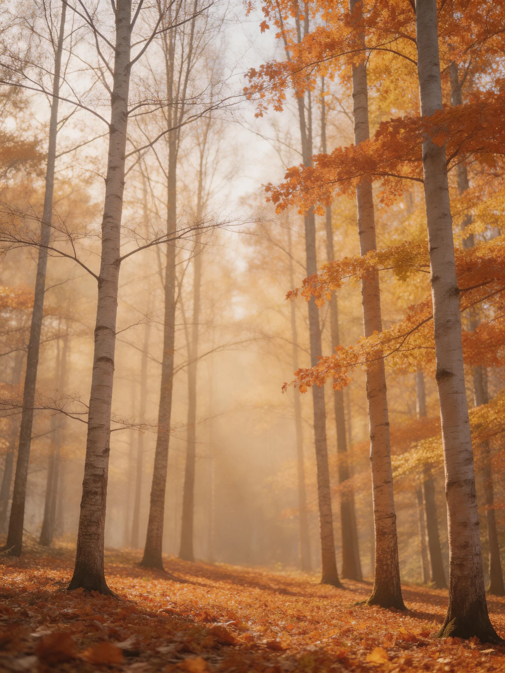 Misty Autumn Forest with Golden Foliage and Tall Birch Trees