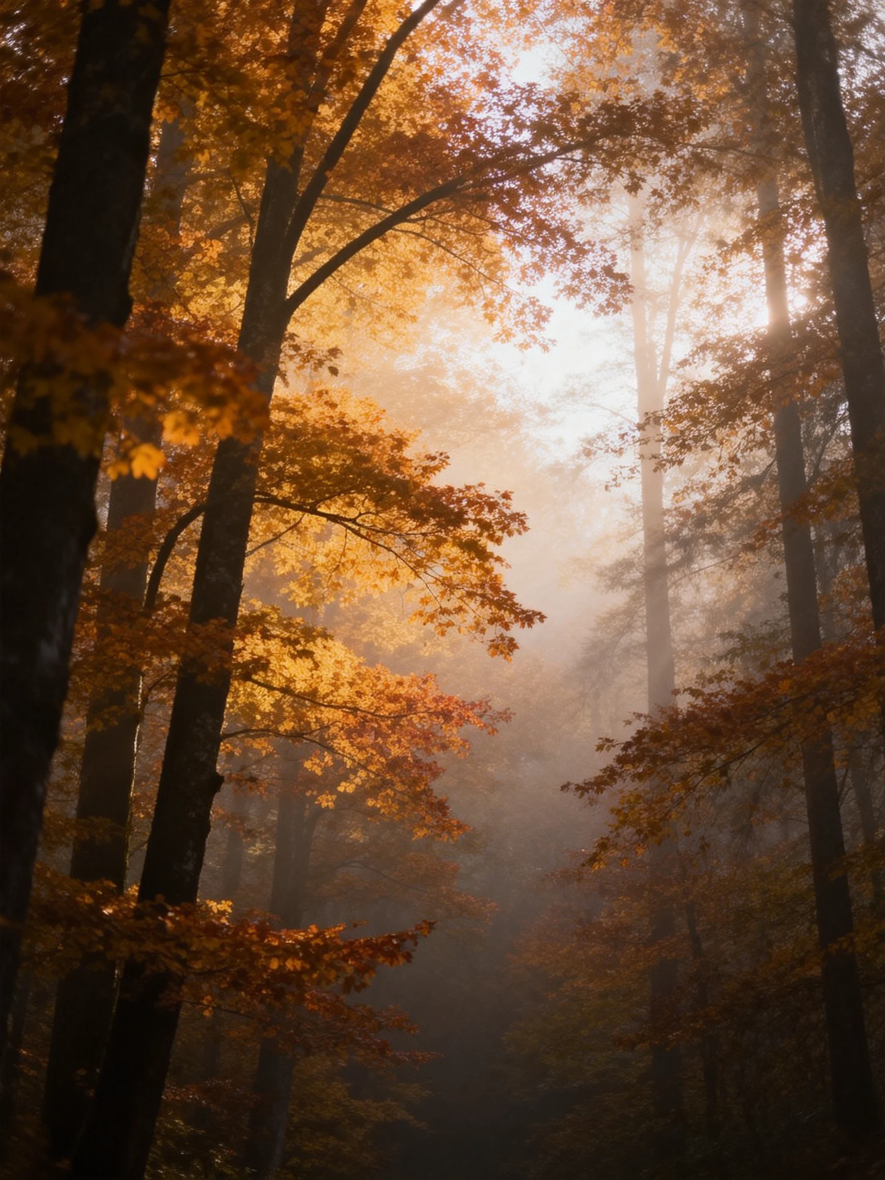 Misty Autumn Forest with Golden-Hued Trees