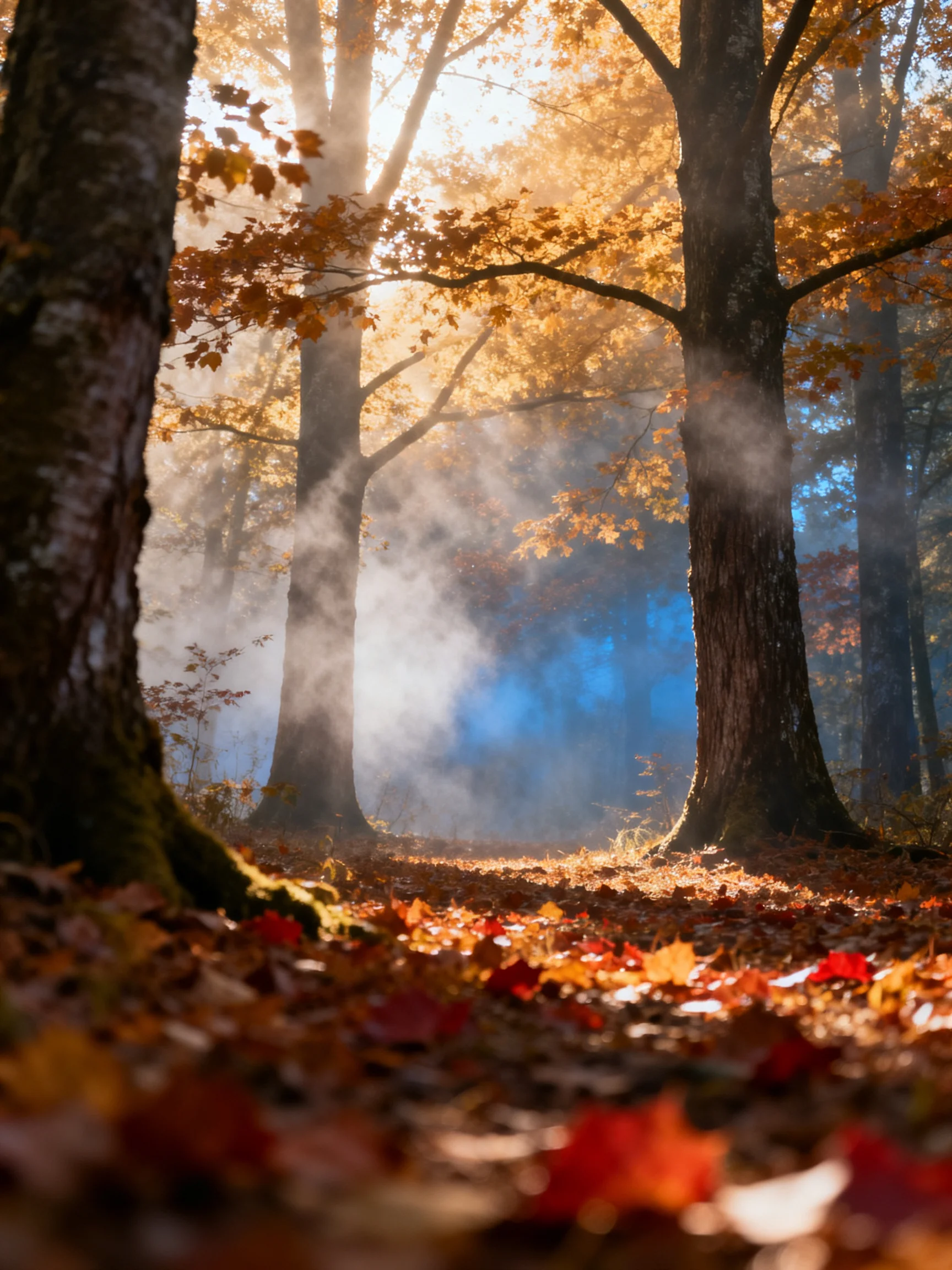 Misty Autumn Forest with Golden Leaves and Sunlight