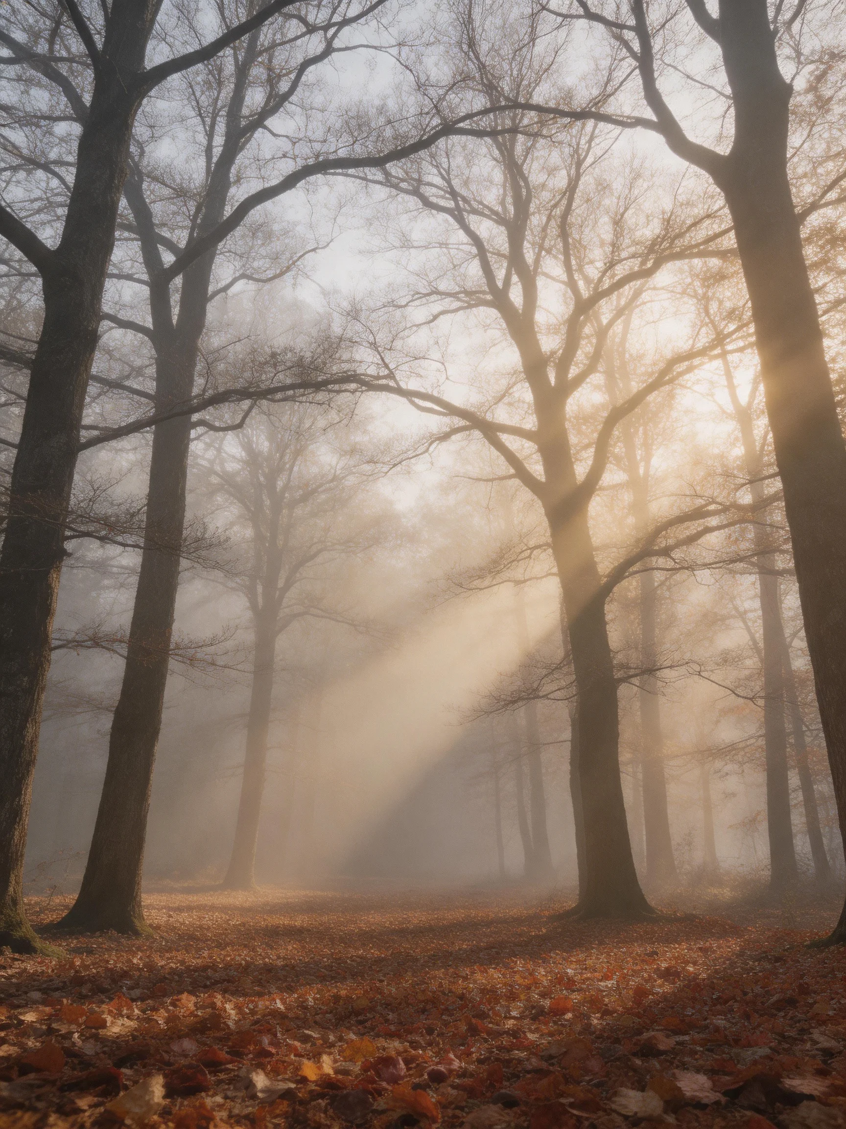 Misty Autumn Forest with Tall Bare Trees and Golden Sunlight
