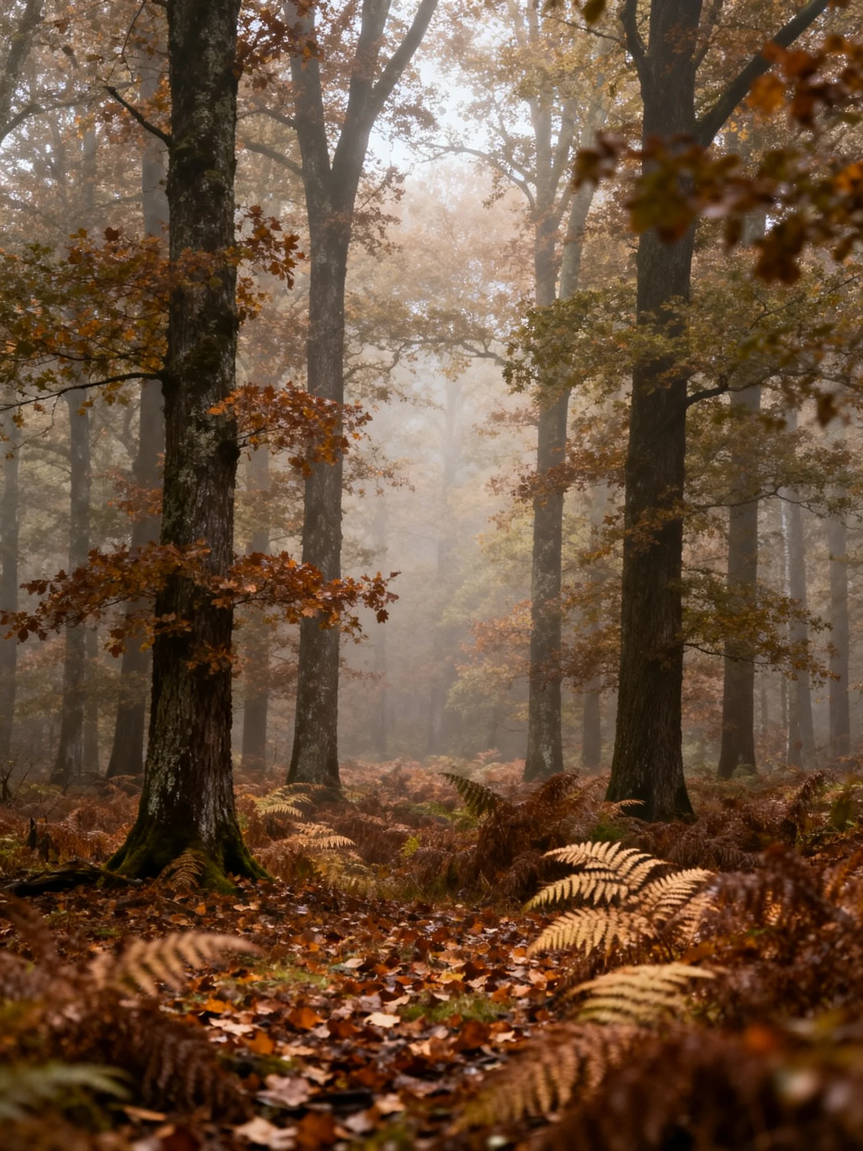 Misty Autumn Forest with Tall Oak Trees and Golden Ferns