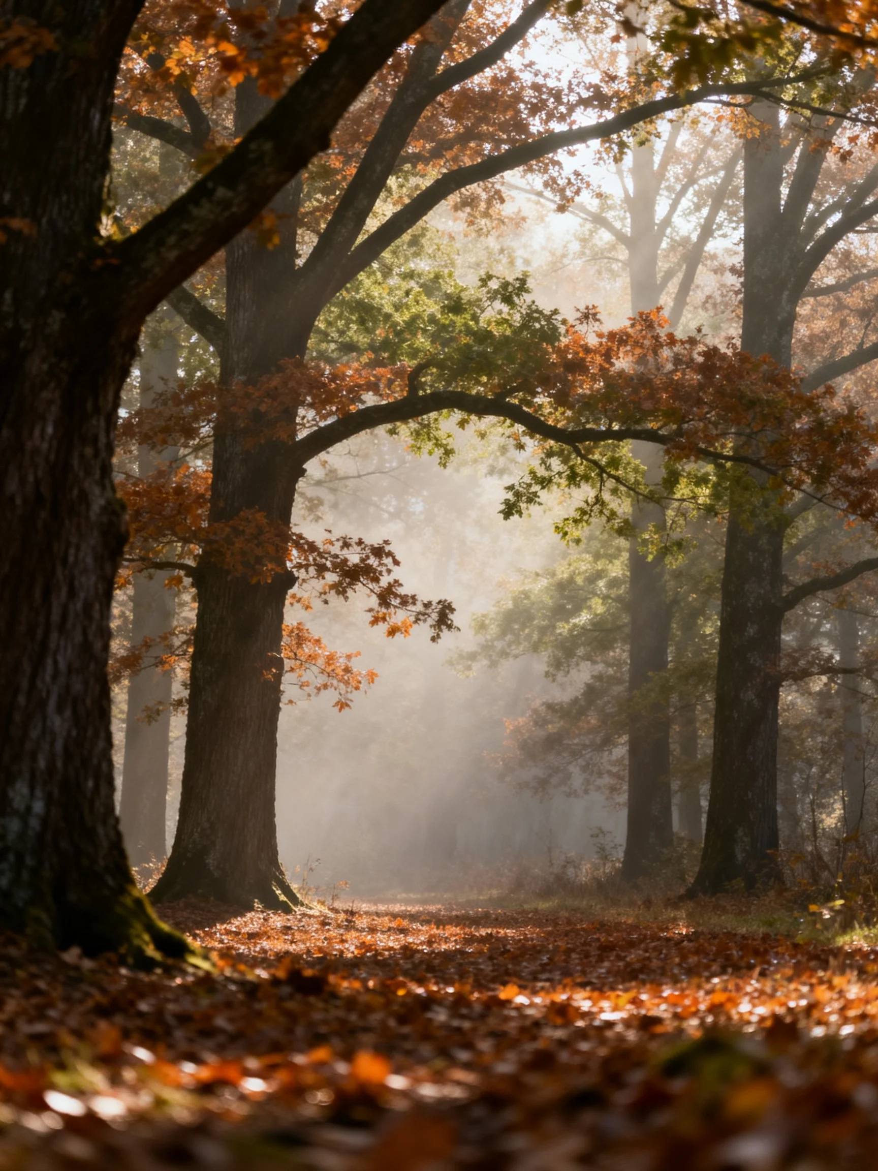 Misty Autumn Forest with Tall Trees and Fallen Orange Leaves