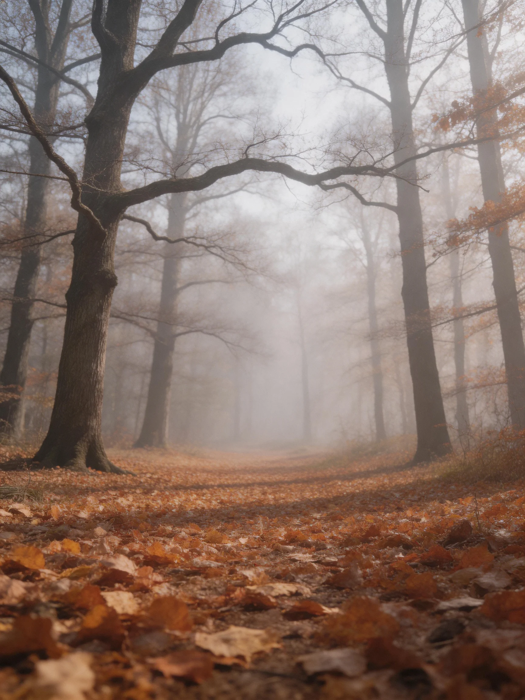 Misty Autumn Forest with Tall Trees and Fallen Orange Leaves