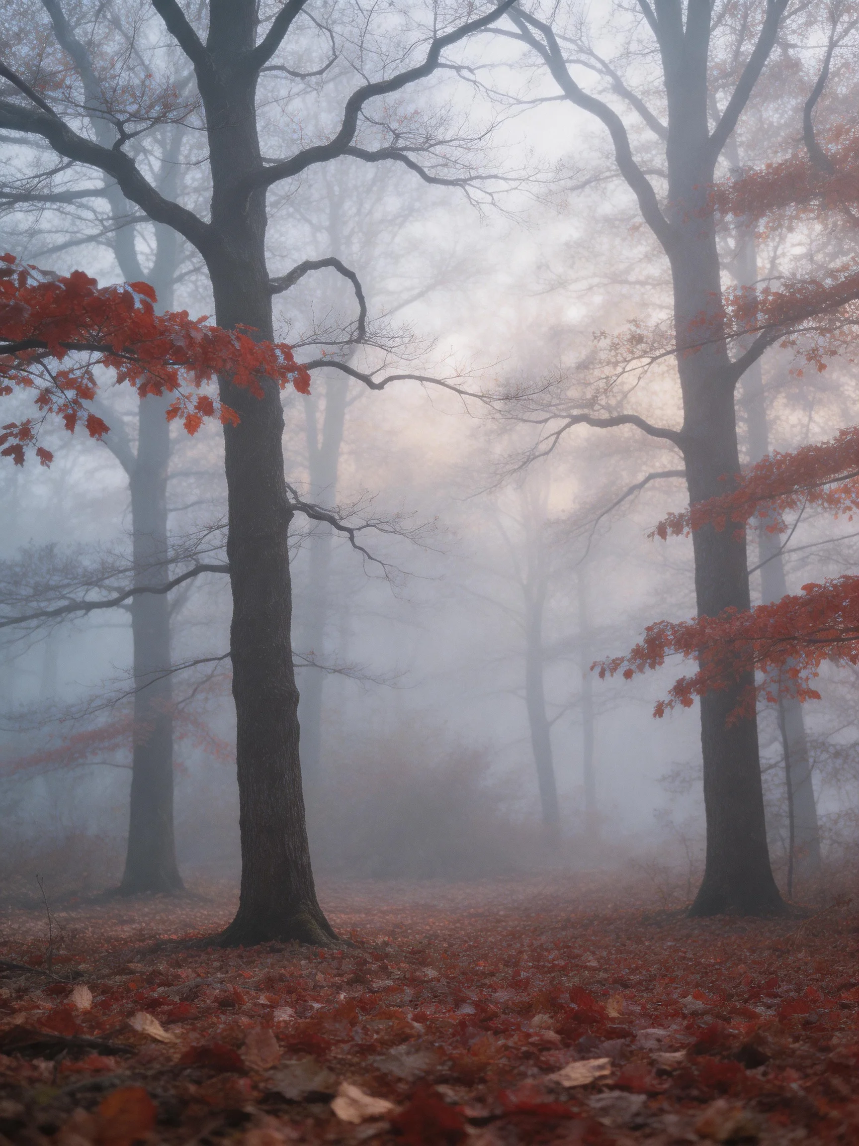 Misty Autumn Forest with Tall Trees and Red Foliage