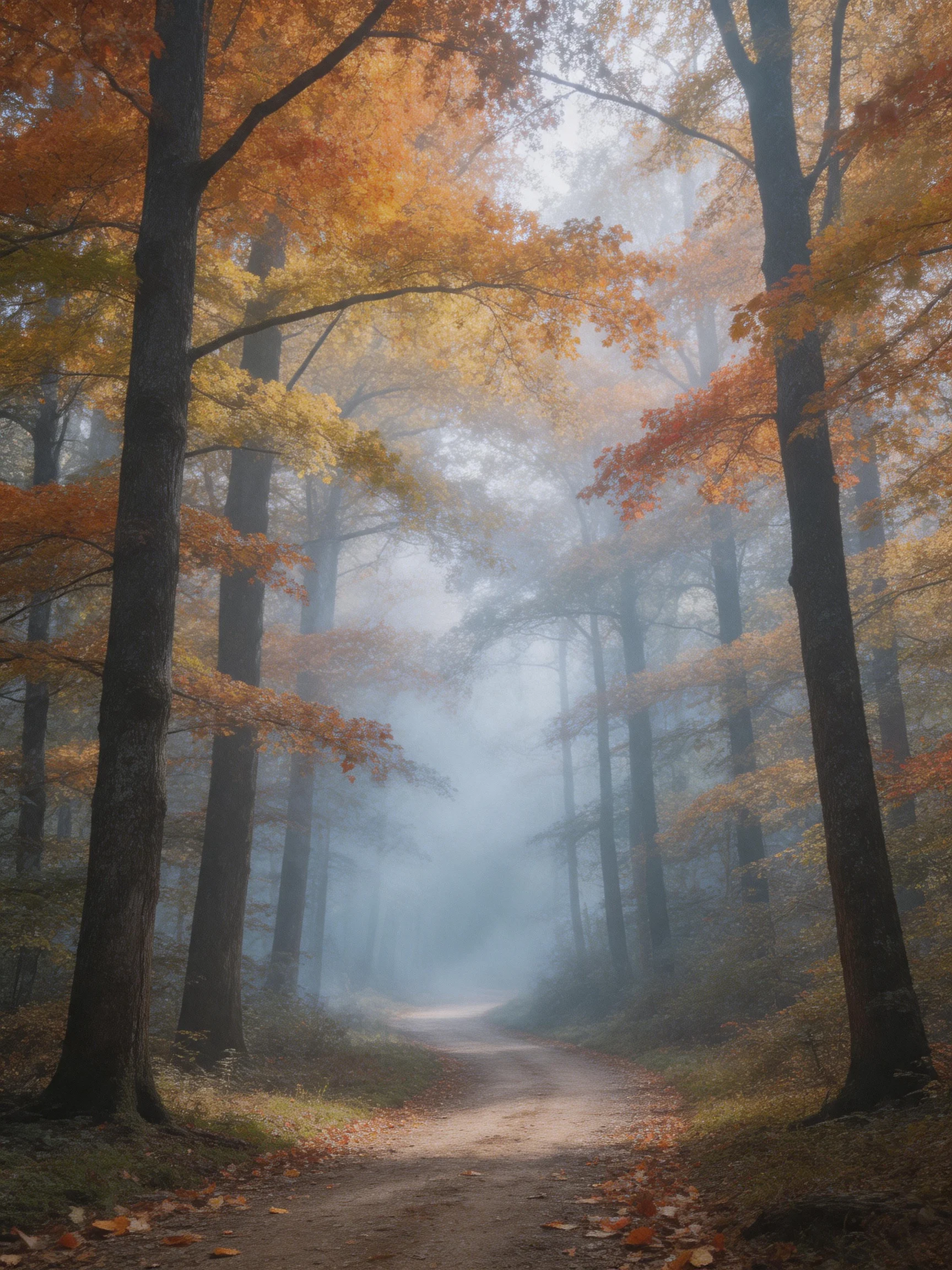 Misty Autumn Forest with Tall Trees and Winding Dirt Path