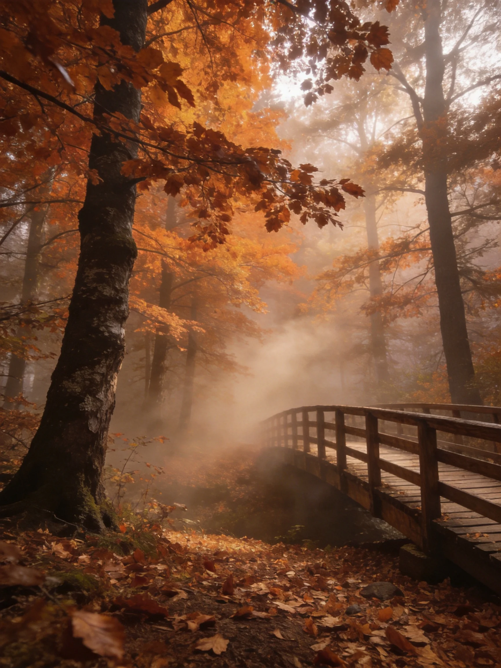 Misty Autumn Forest with Wooden Bridge and Golden Foliage