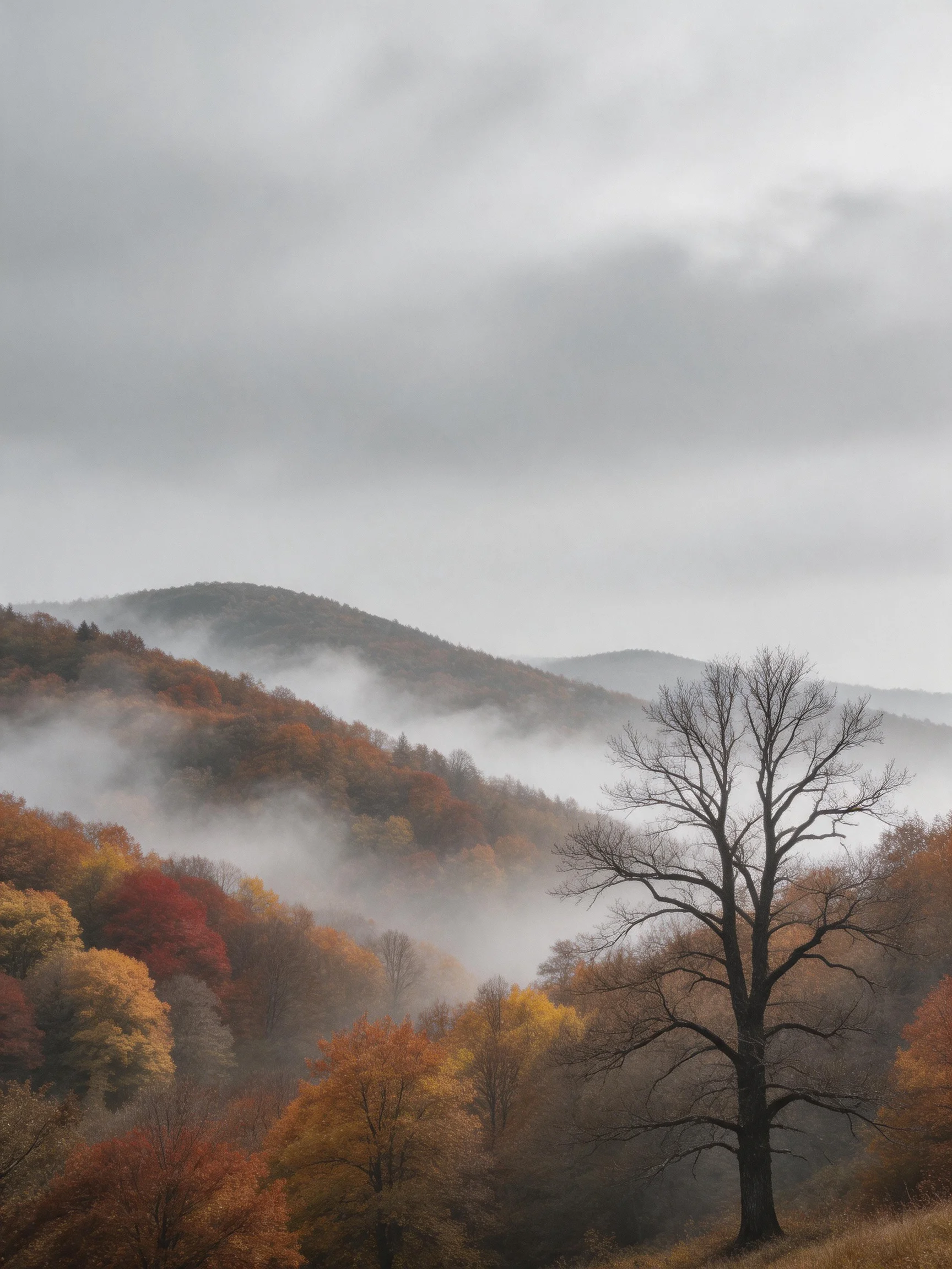 Misty Autumn Hills with Colorful Foliage and a Bare Tree