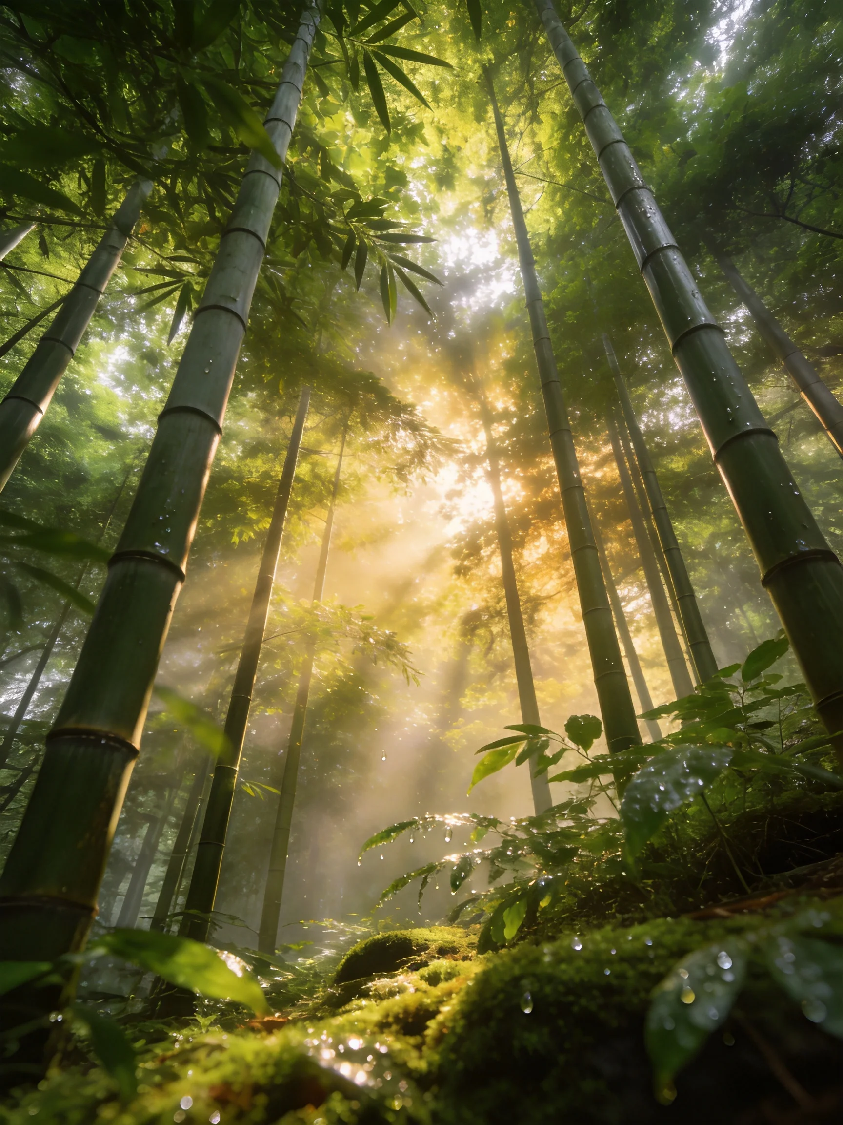 Misty Bamboo Forest with Tall Green Stalks Illuminated by Golden Light