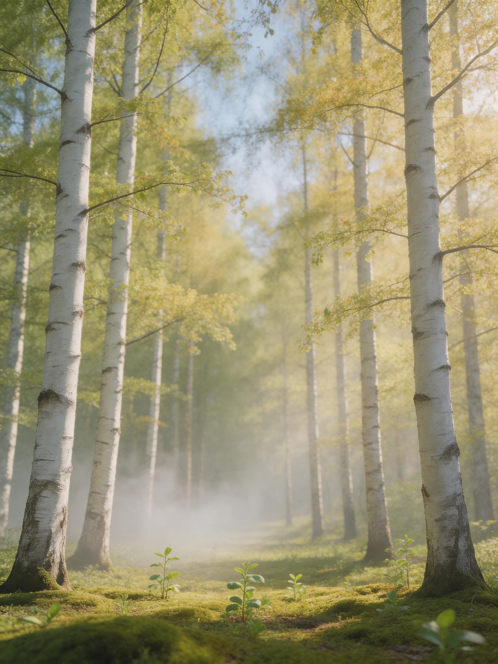Misty Birch Forest with White Trunks and Green Moss