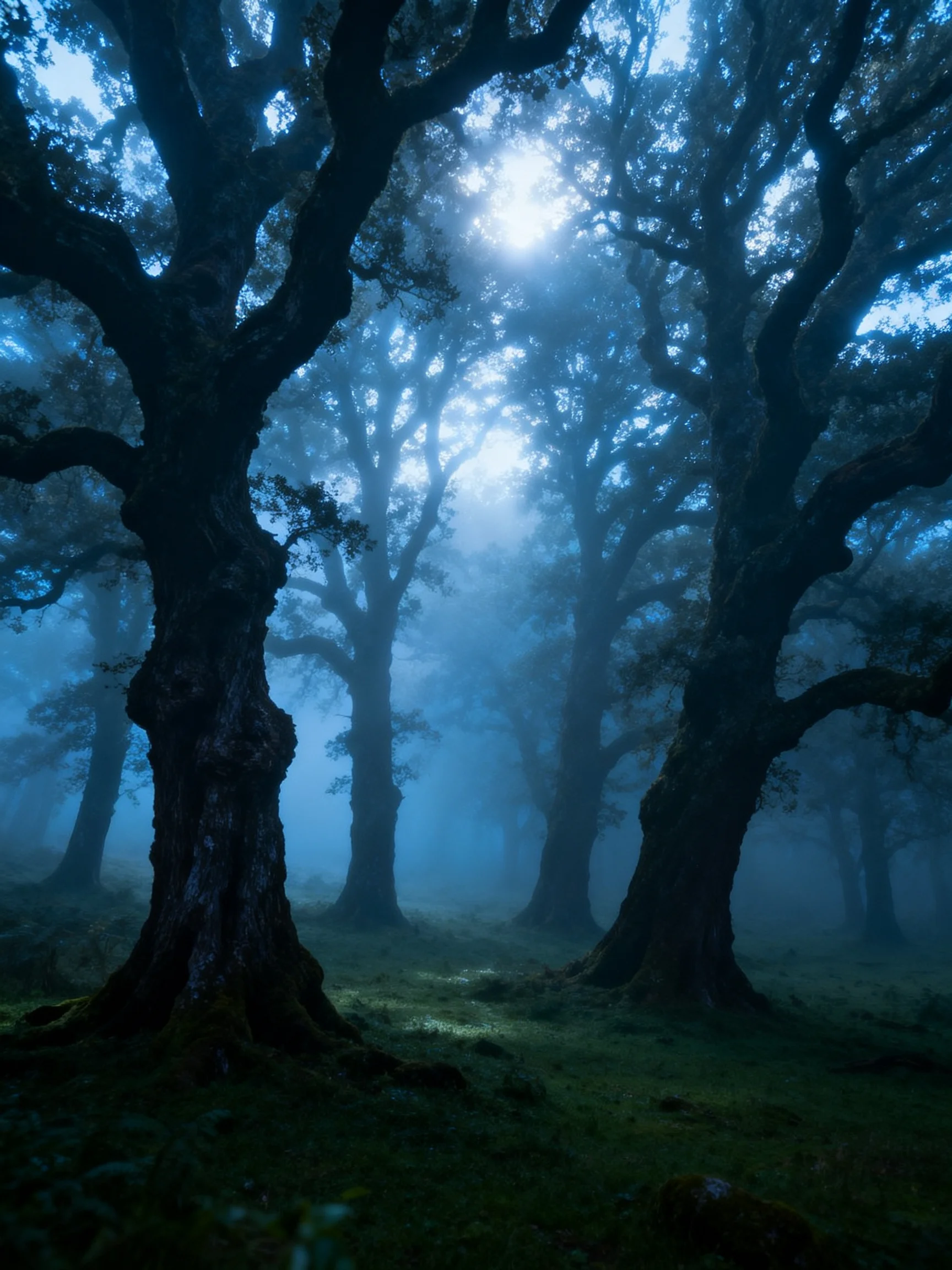 Misty Blue Forest with Ancient Oak Trees
