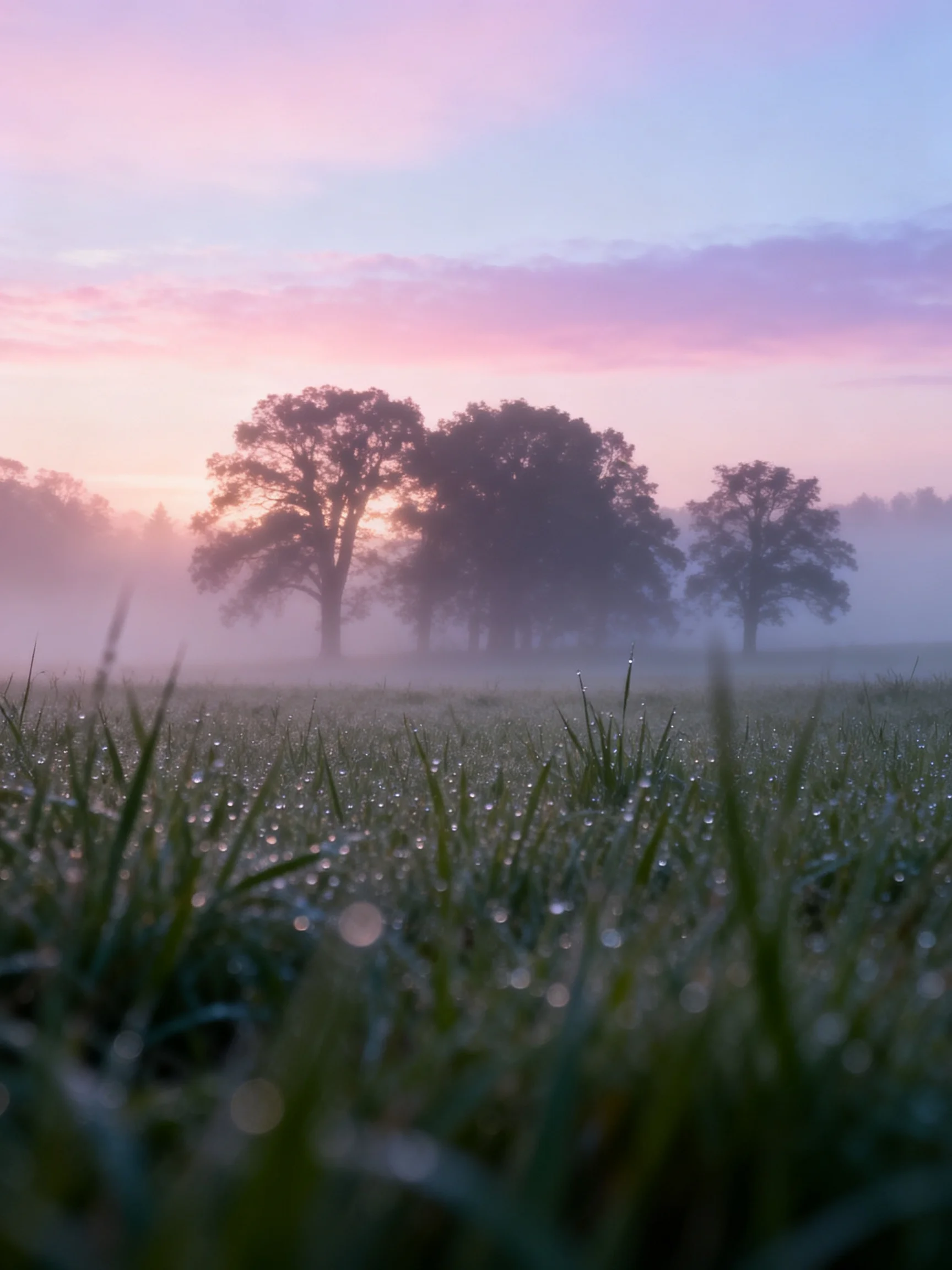 Misty Dawn Field with Dew-Covered Grass and Silhouetted Trees
