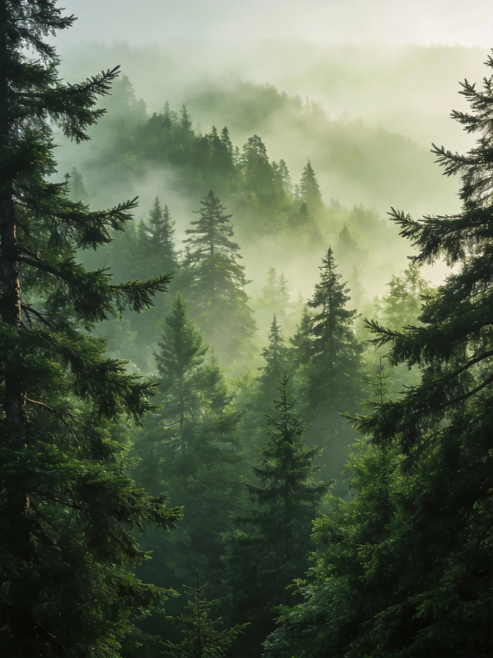 Misty Evergreen Forest with Dense Fog and Lush Greenery