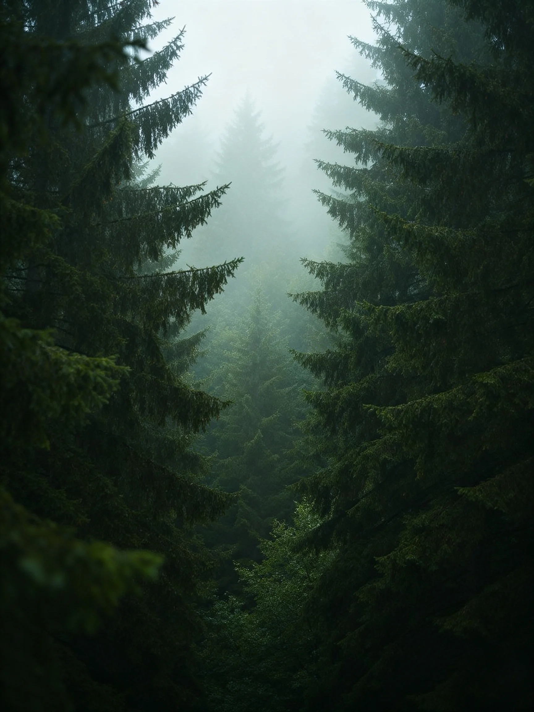 Misty Evergreen Forest with Dense Fog and Tall Pine Trees