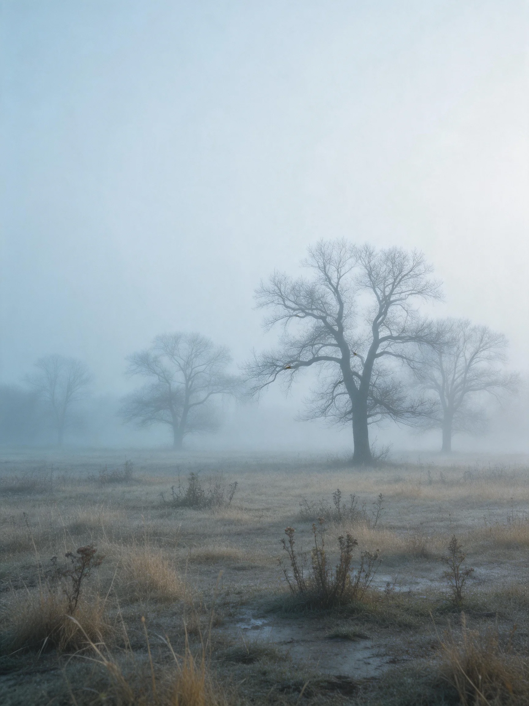 Misty Field With Multiple Bare Trees and Gray Haze
