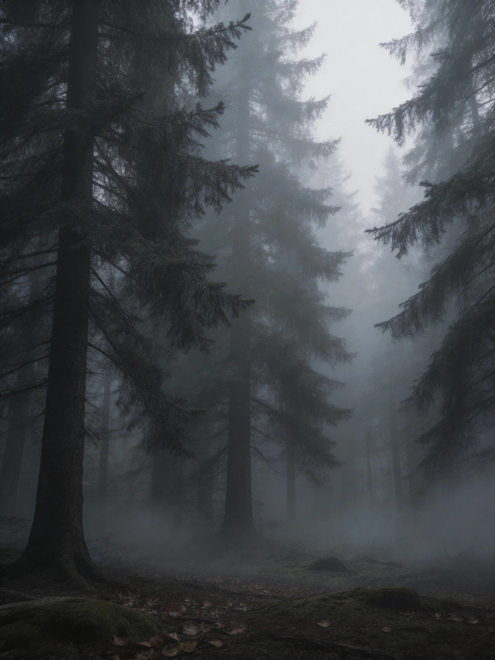 Misty Fog Shrouds Tall Evergreen Trees in Dense Forest