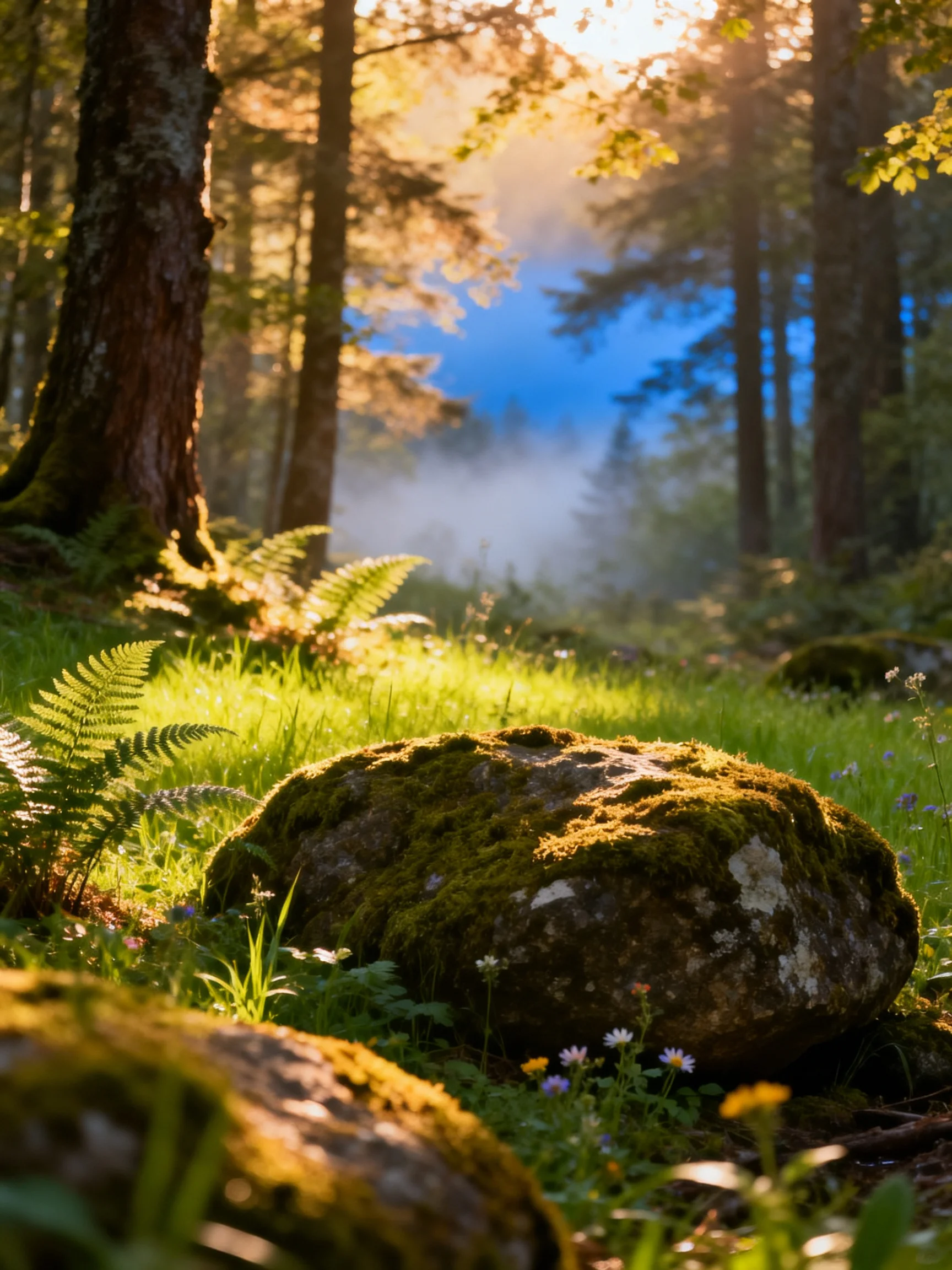 Misty Forest Glade with Moss-Covered Rocks and Ferns
