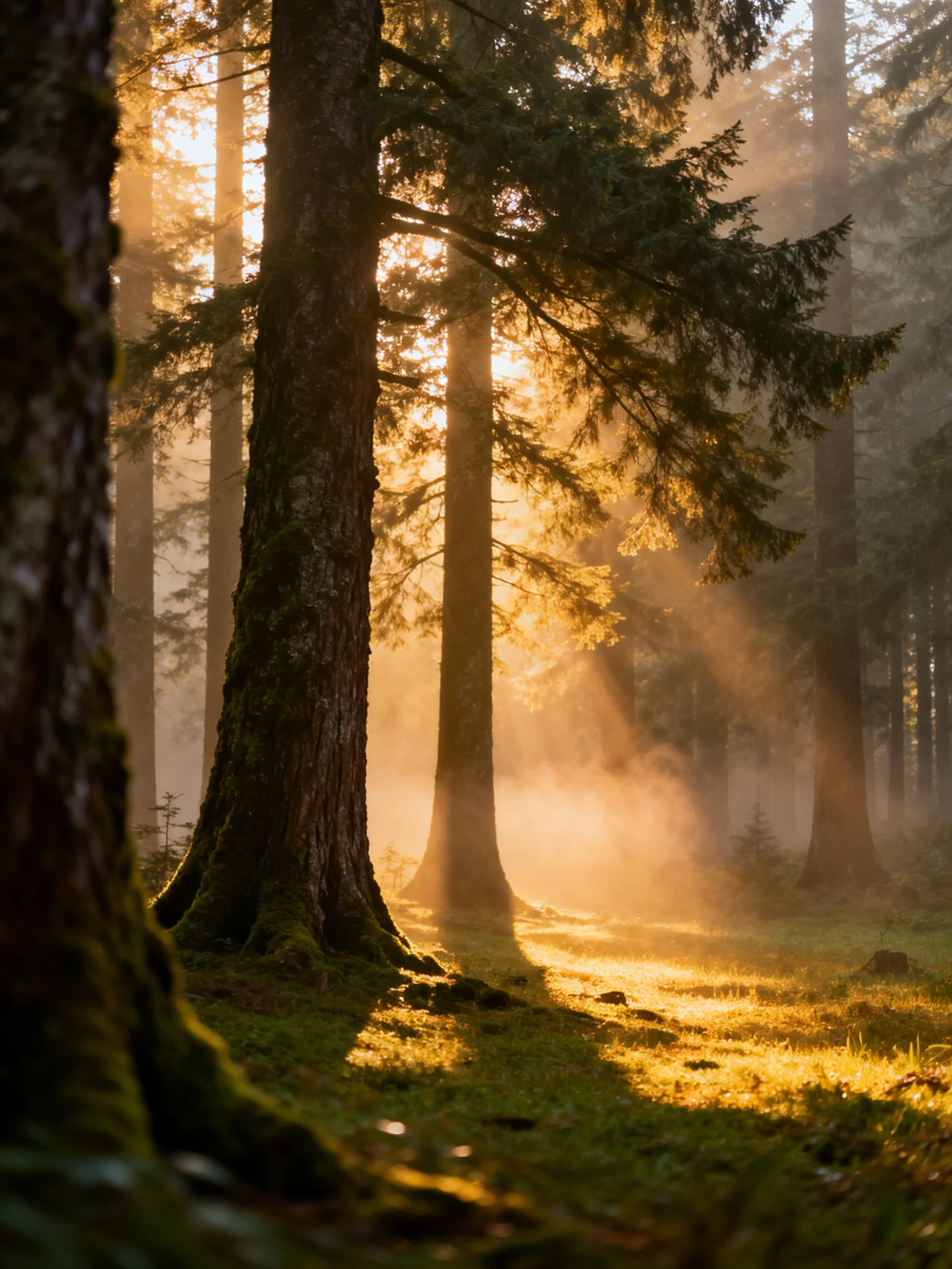 Misty Forest Illuminated by Golden Morning Sunlight
