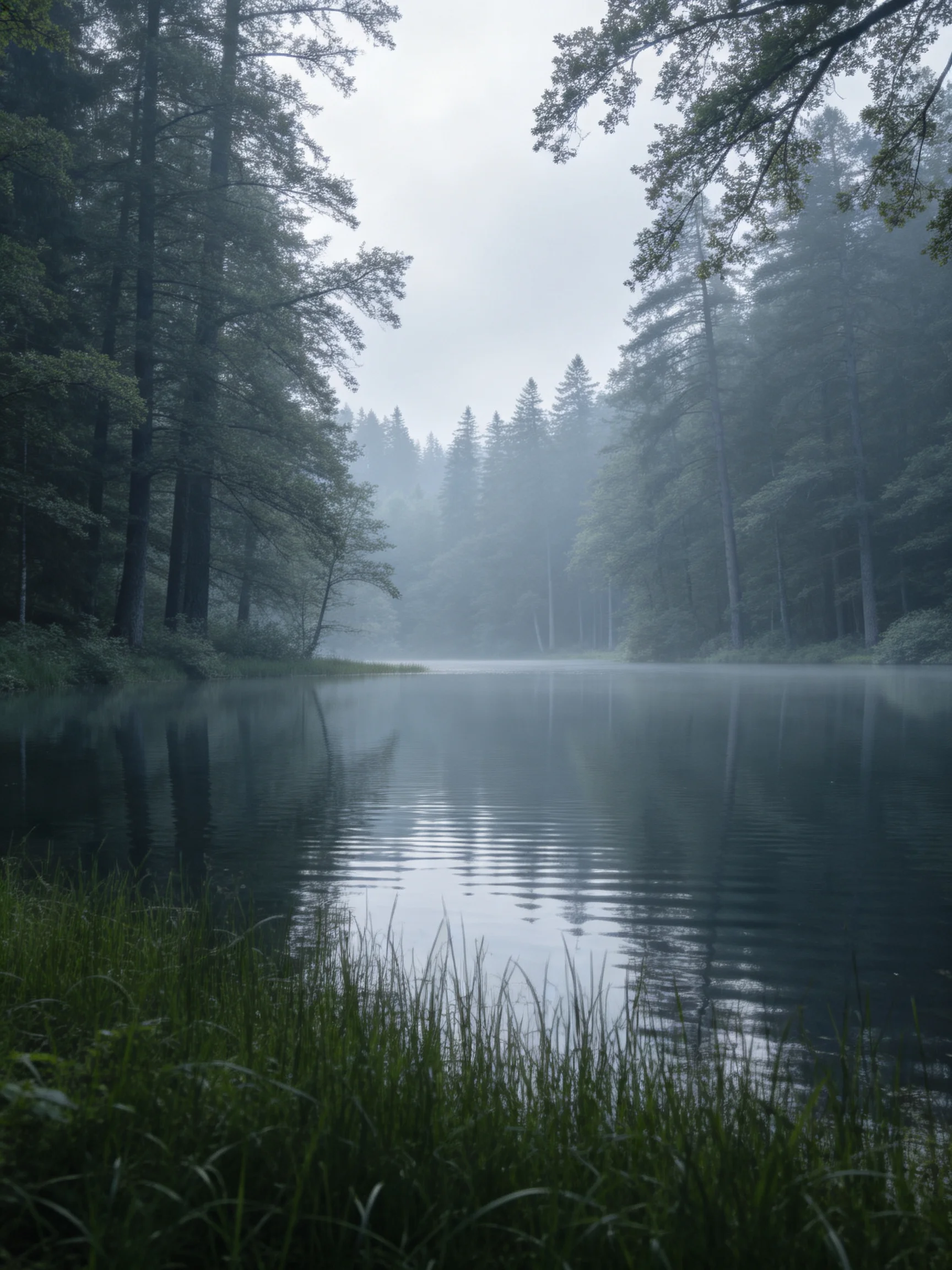 Misty Forest Lake Surrounded by Tall Evergreen Trees