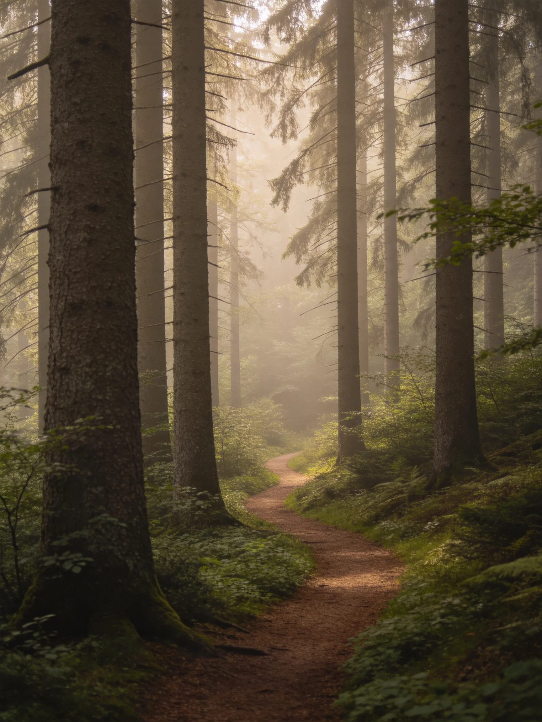 Misty Forest Path Among Tall EvergreenTrees and Lush Undergrowth