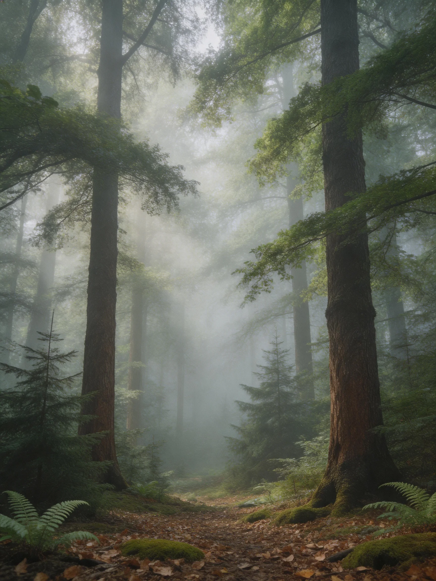 Misty Forest Path Among Tall Trees and Ferns