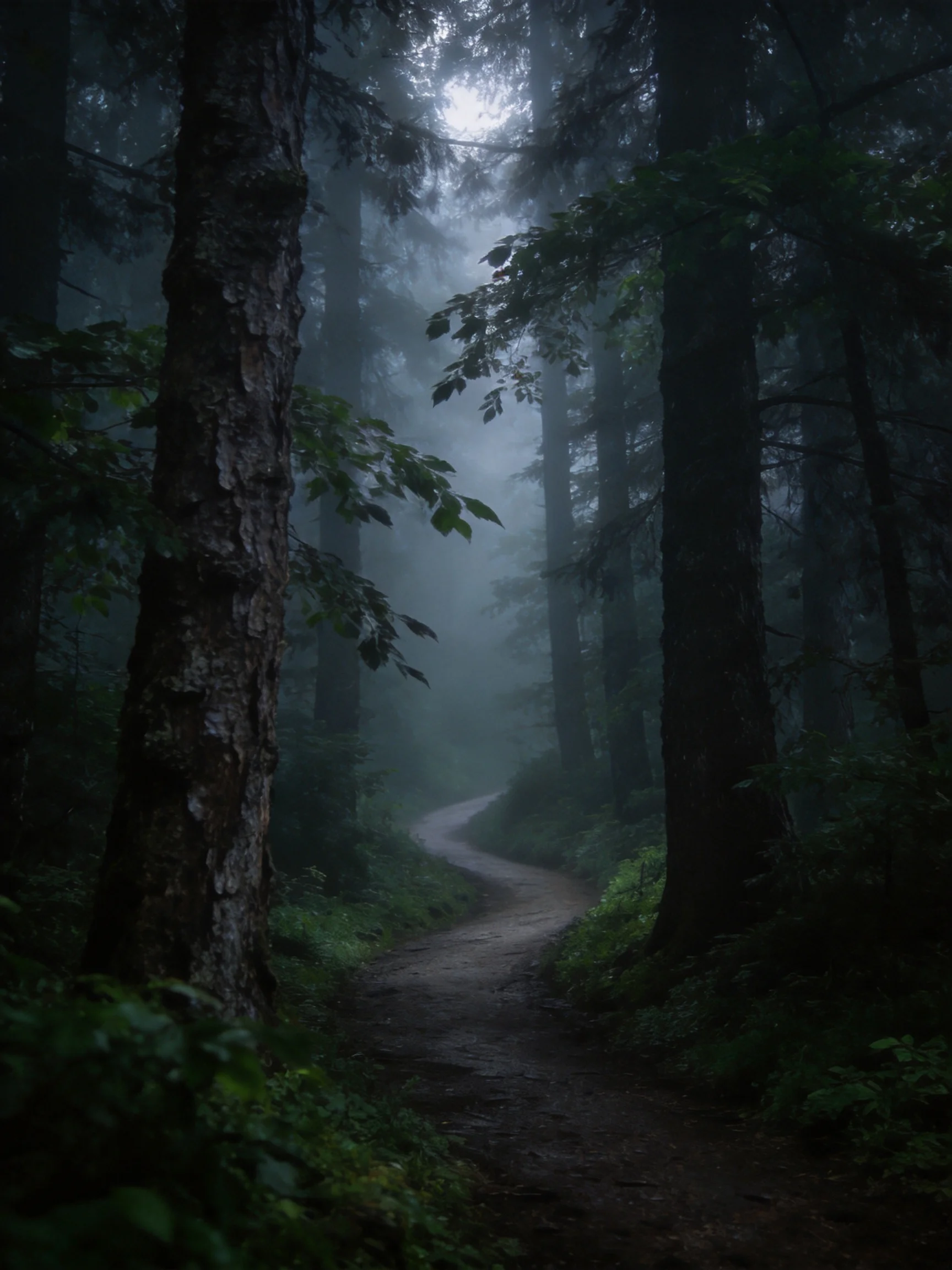 Misty Forest Path Among Towering Trees and Dense Foliage