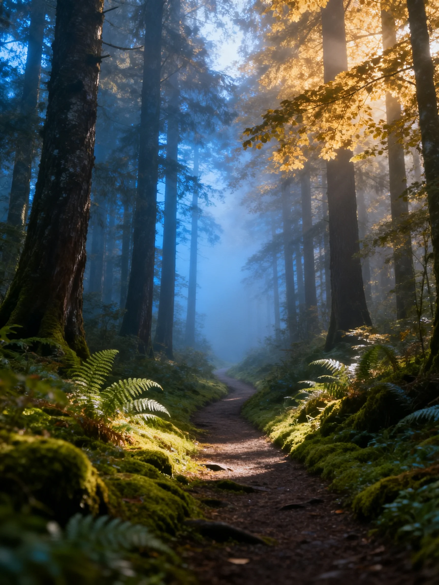 Misty Forest Path Among Towering Trees and Sunlit Ferns