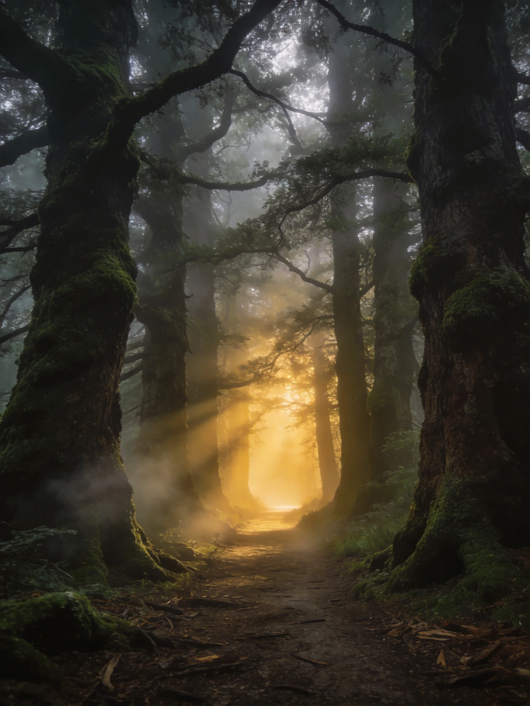 Misty Forest Path Illuminated by Golden Sunlight Through Ancient Trees