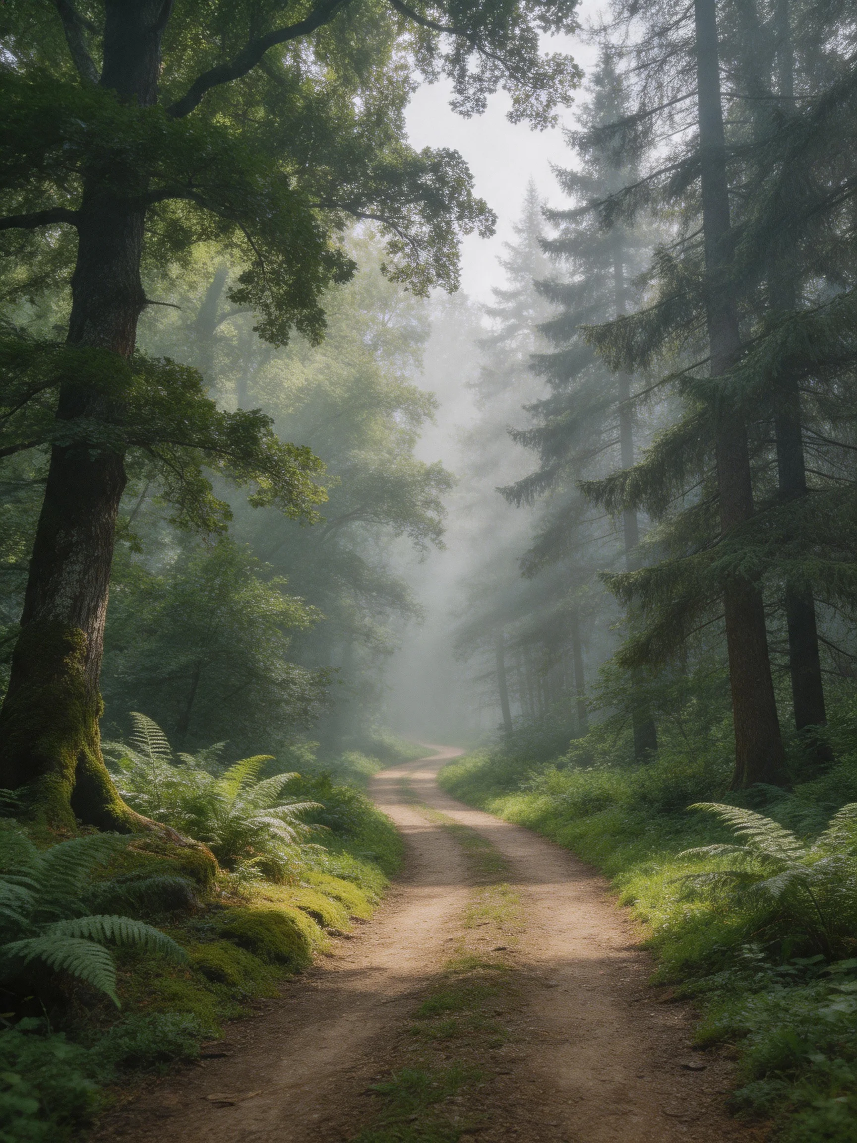 Misty Forest Path Surrounded by Lush Greenery and Towering Trees