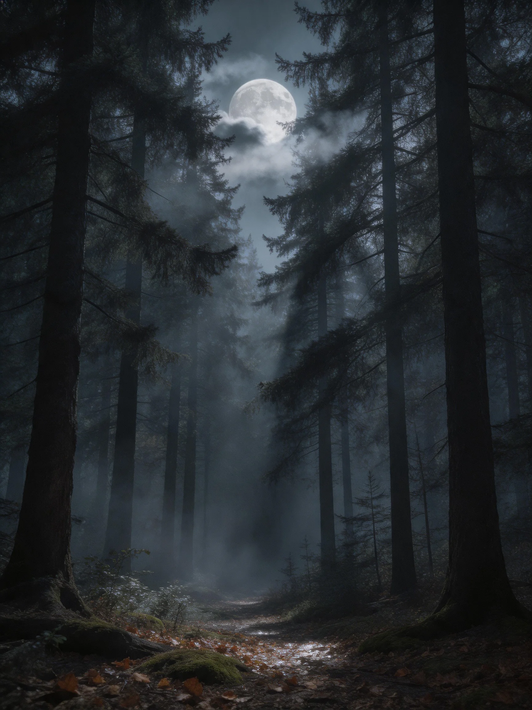 Misty Forest Path Under Glowing Full Moon Among Tall Evergreens