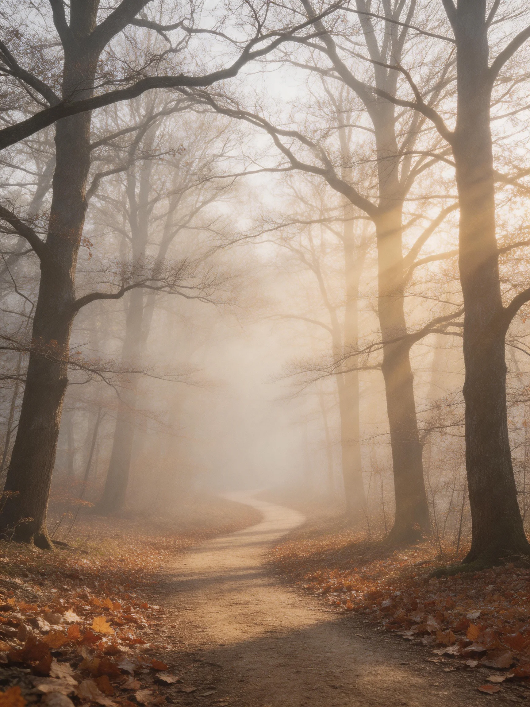 Misty Forest Path With Autumn Leaves and Sunbeams