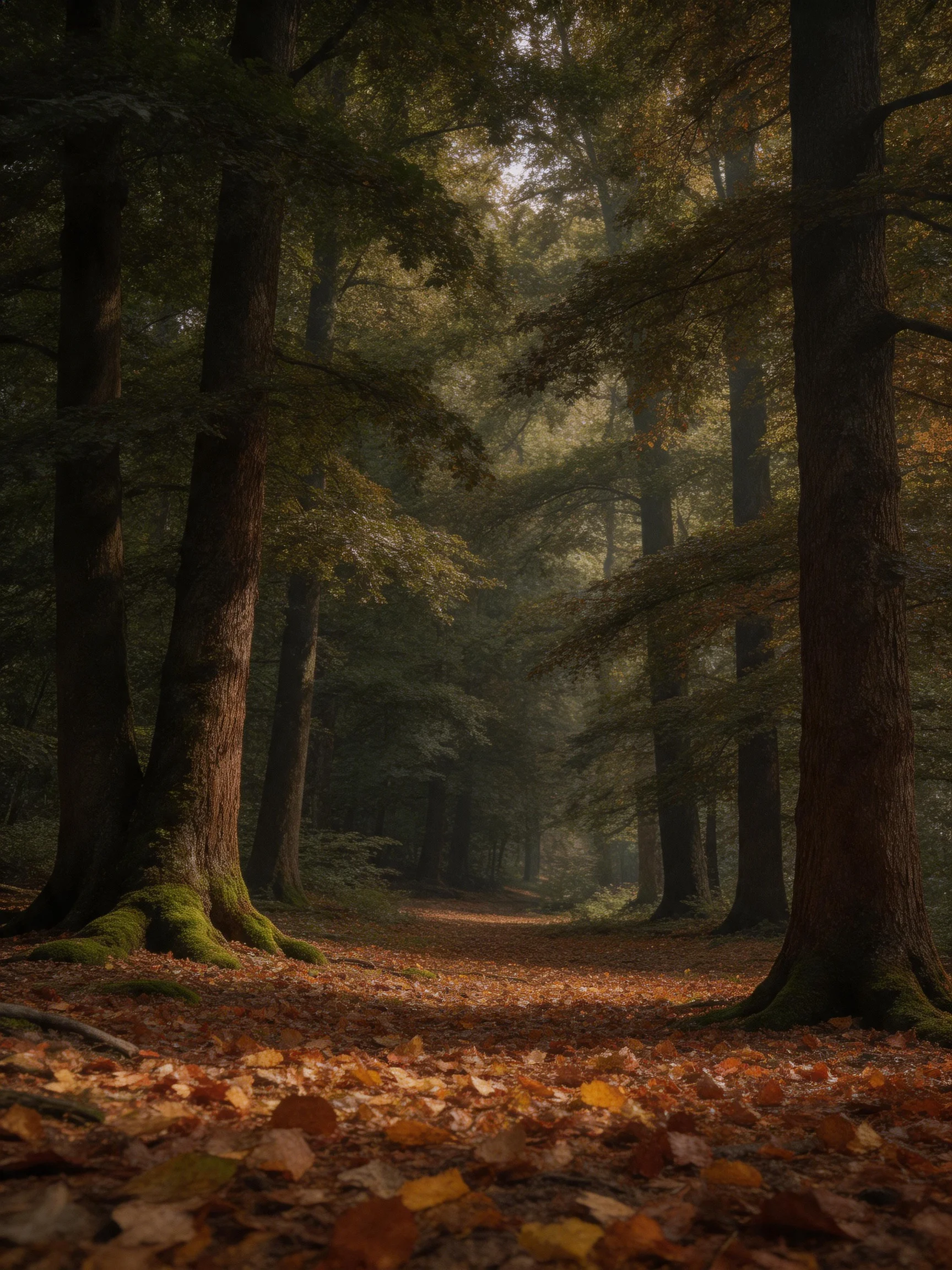 Misty Forest Path With Autumn Leaves and Tall Trees